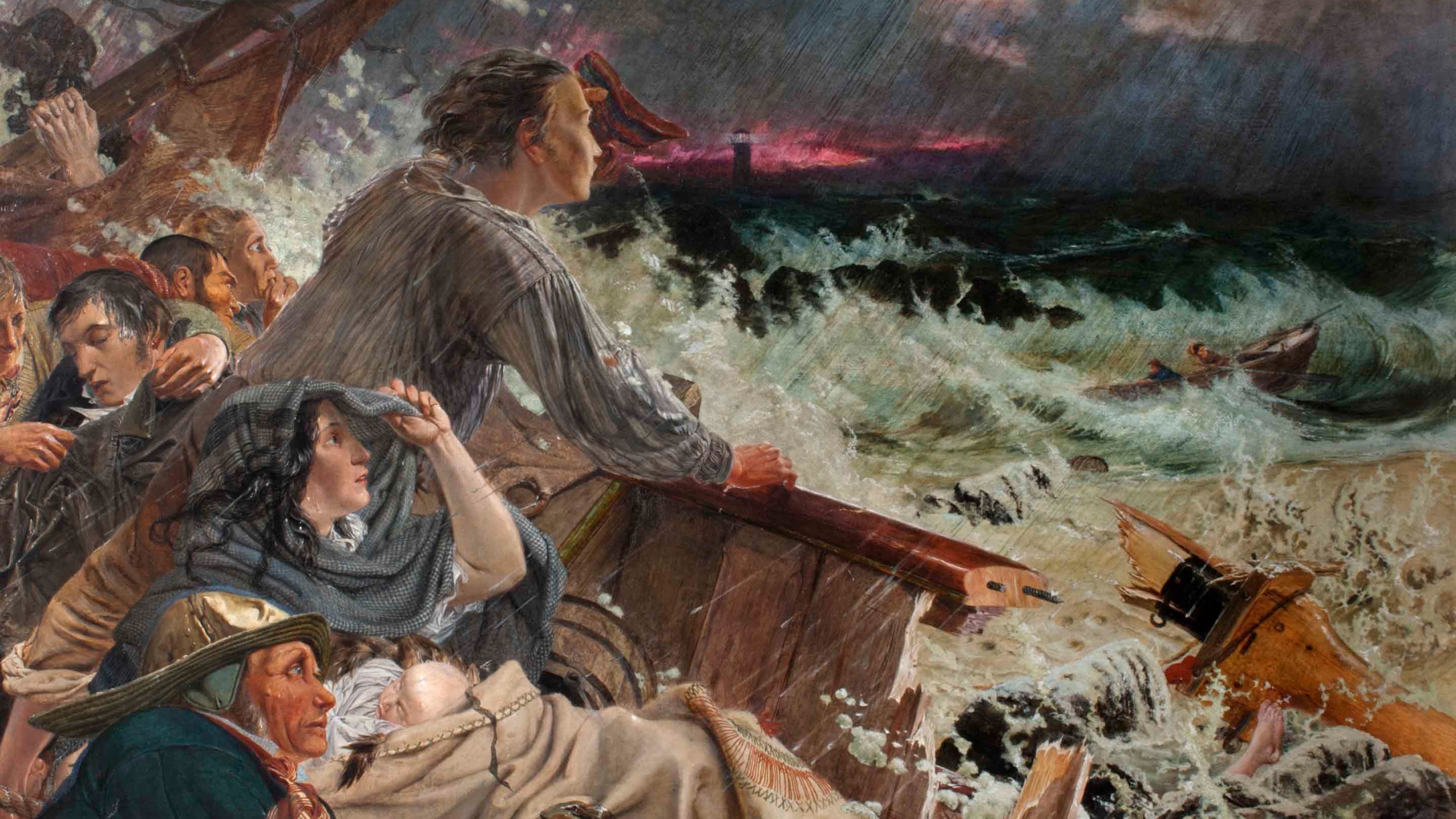 Grace Darling (1815-1842) and her father William Darling (d.1865) save the Survivors from the Wreck of the Steamer 'Forfarshire' on the Farne Rocks, 7th September 1838 (One of a series of eight oil paintings illustrating the history of the English Border)