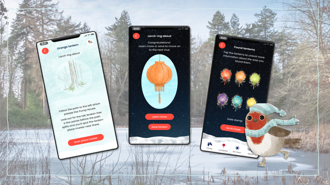 Three mobile phone screen previews of the augmented reality lantern trail featured on a faded background of China pond at Wallington alongside an illustrated robin.
