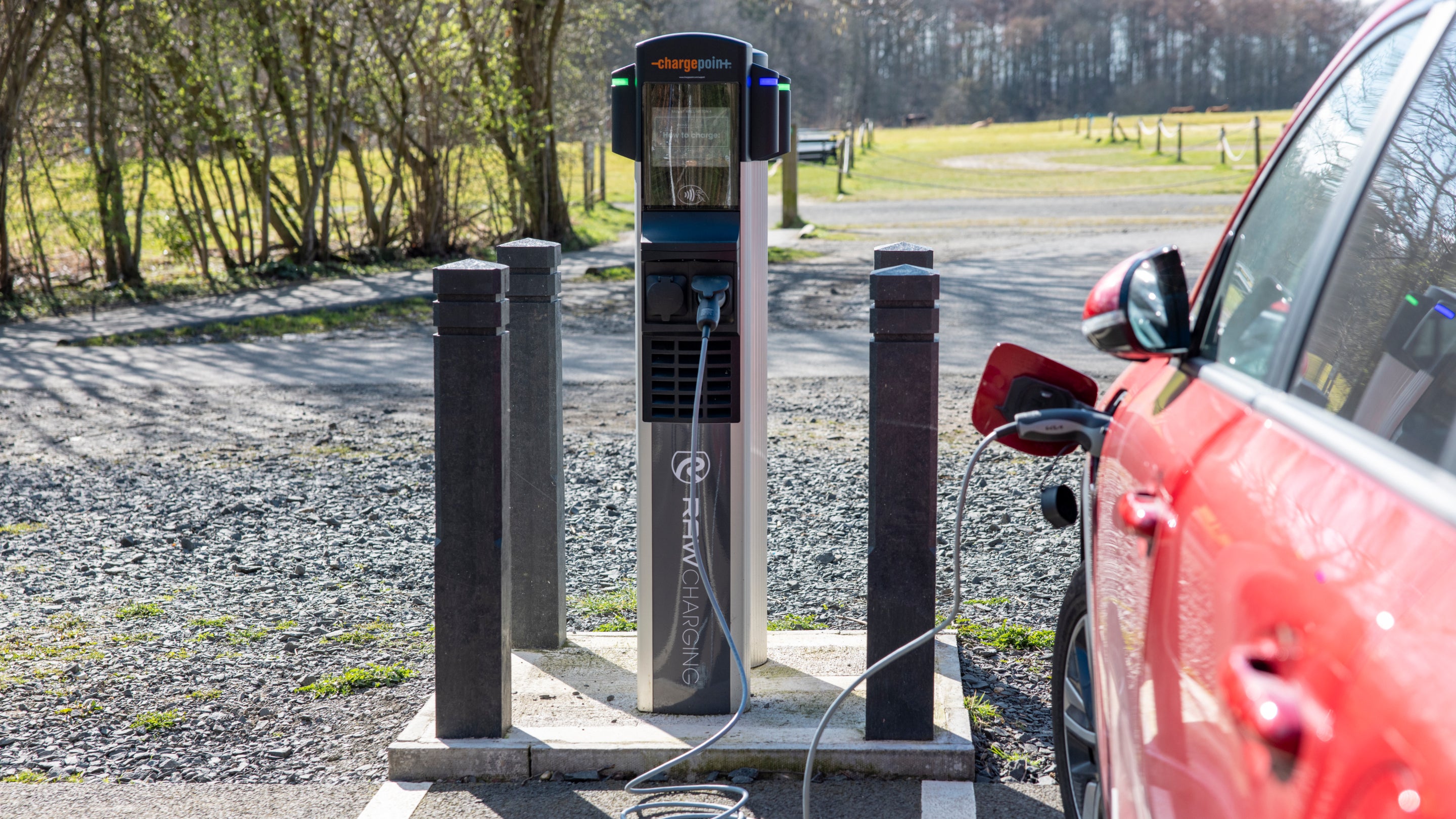 Electric vehicle using charging facilities at Wallington, Northumberland