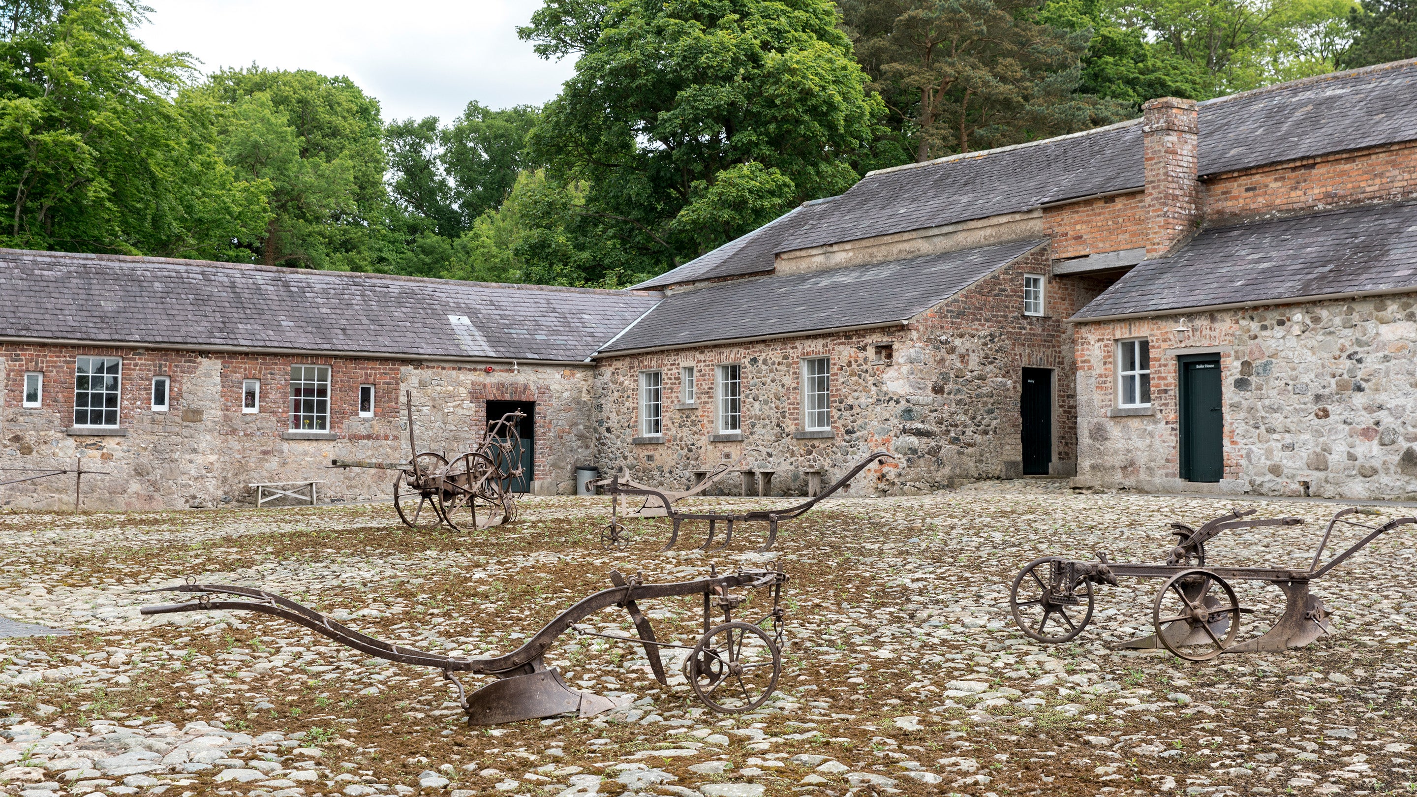 Four antique ploughs sit in the cobbled farmyard of Ardress House, with a collection of farm buildings surrounding the yard.