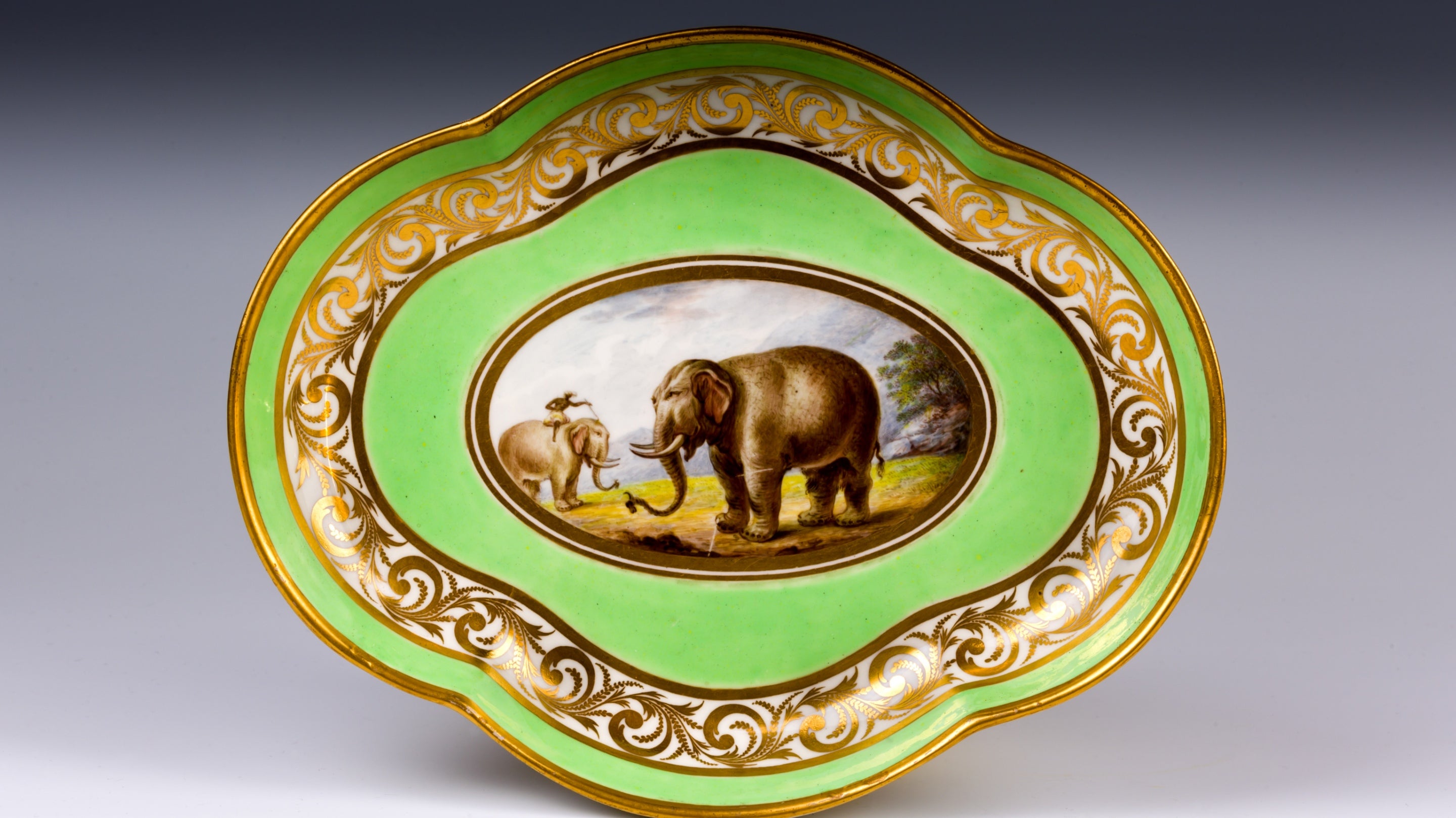 A green dish depicting elephants from the Quadruped Dessert Service, Derby c.1800-6 at Castle Coole, County Fermanagh
