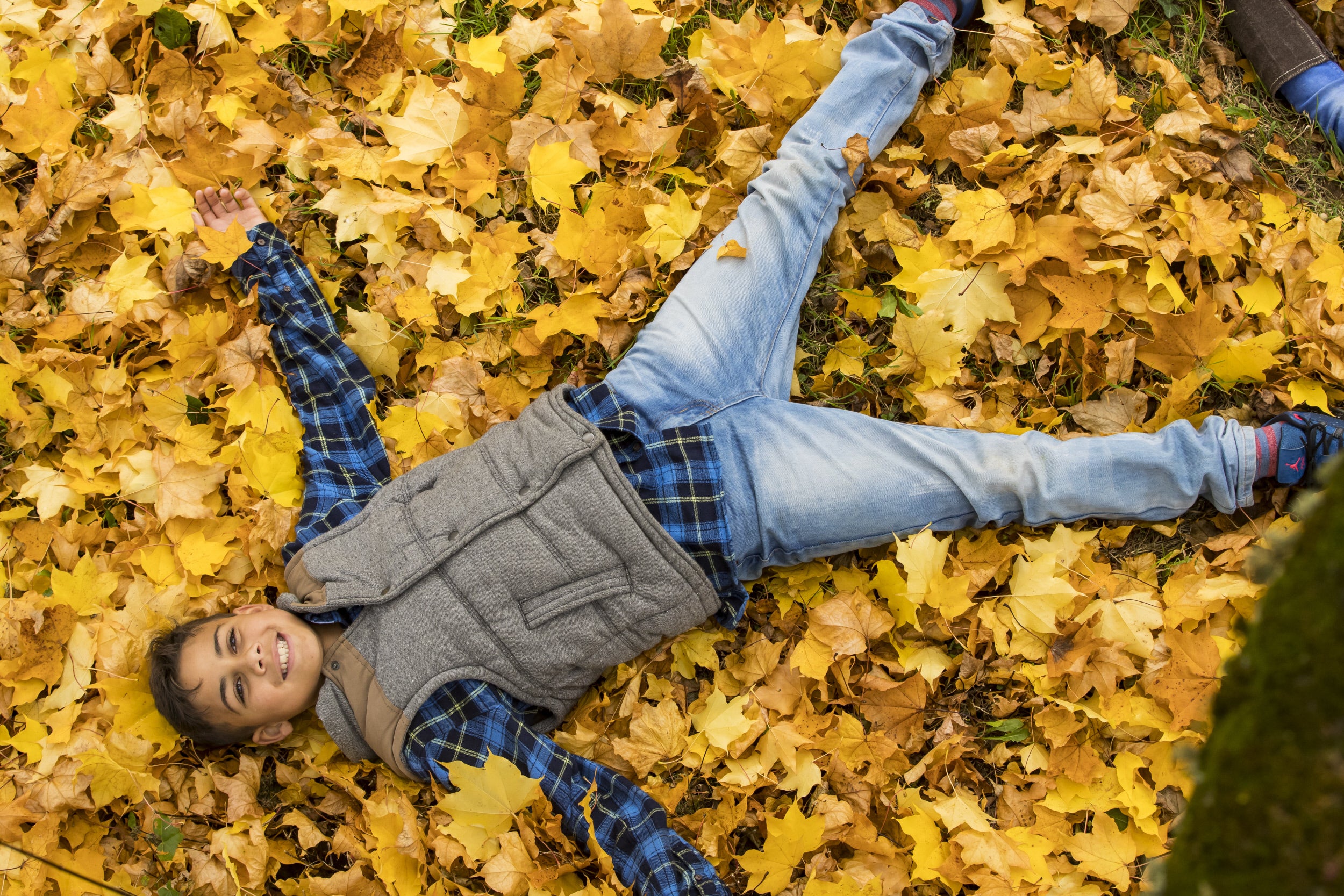 Child playing in Autumn leaves