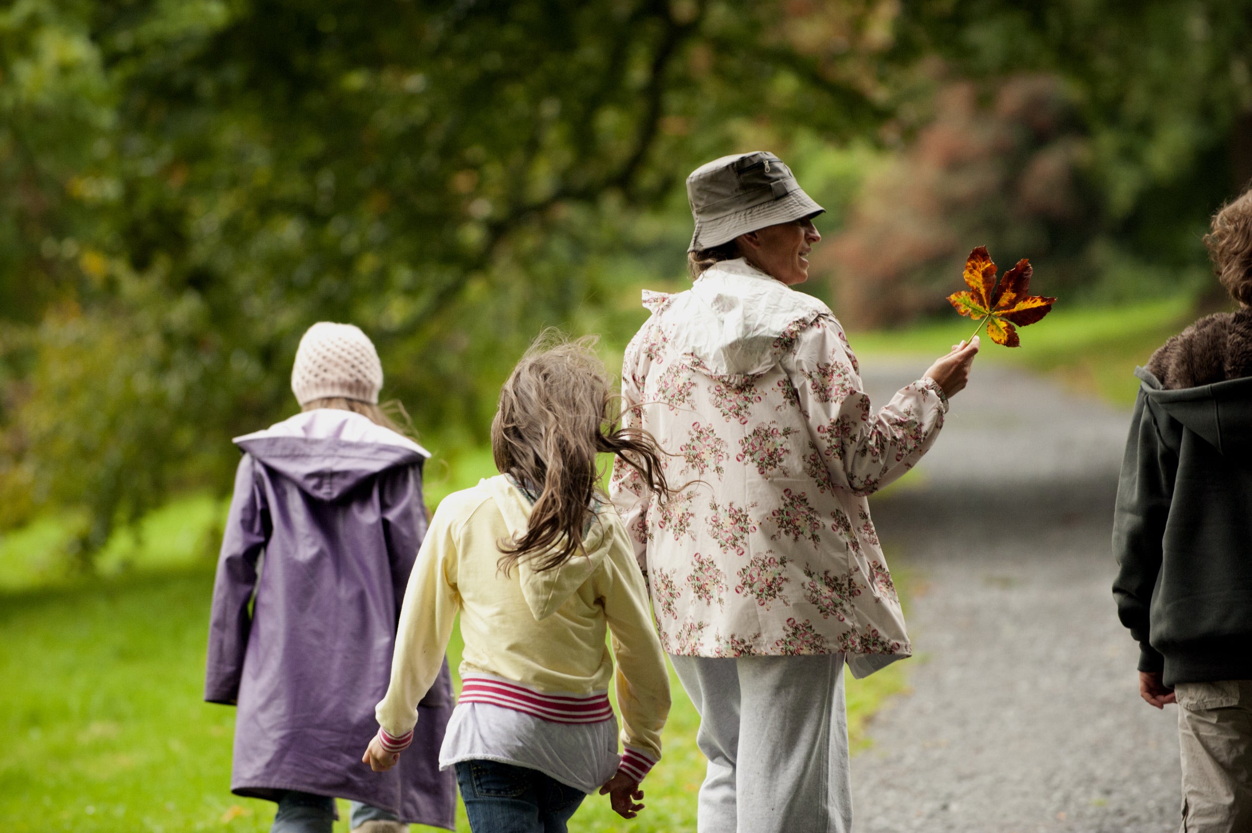 Family Walking through trail - a woman is holding a red leaf