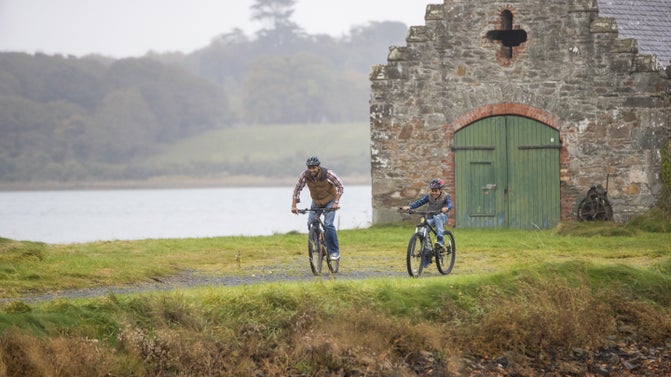 A family cycling along the trail at Castle Ward, County Down