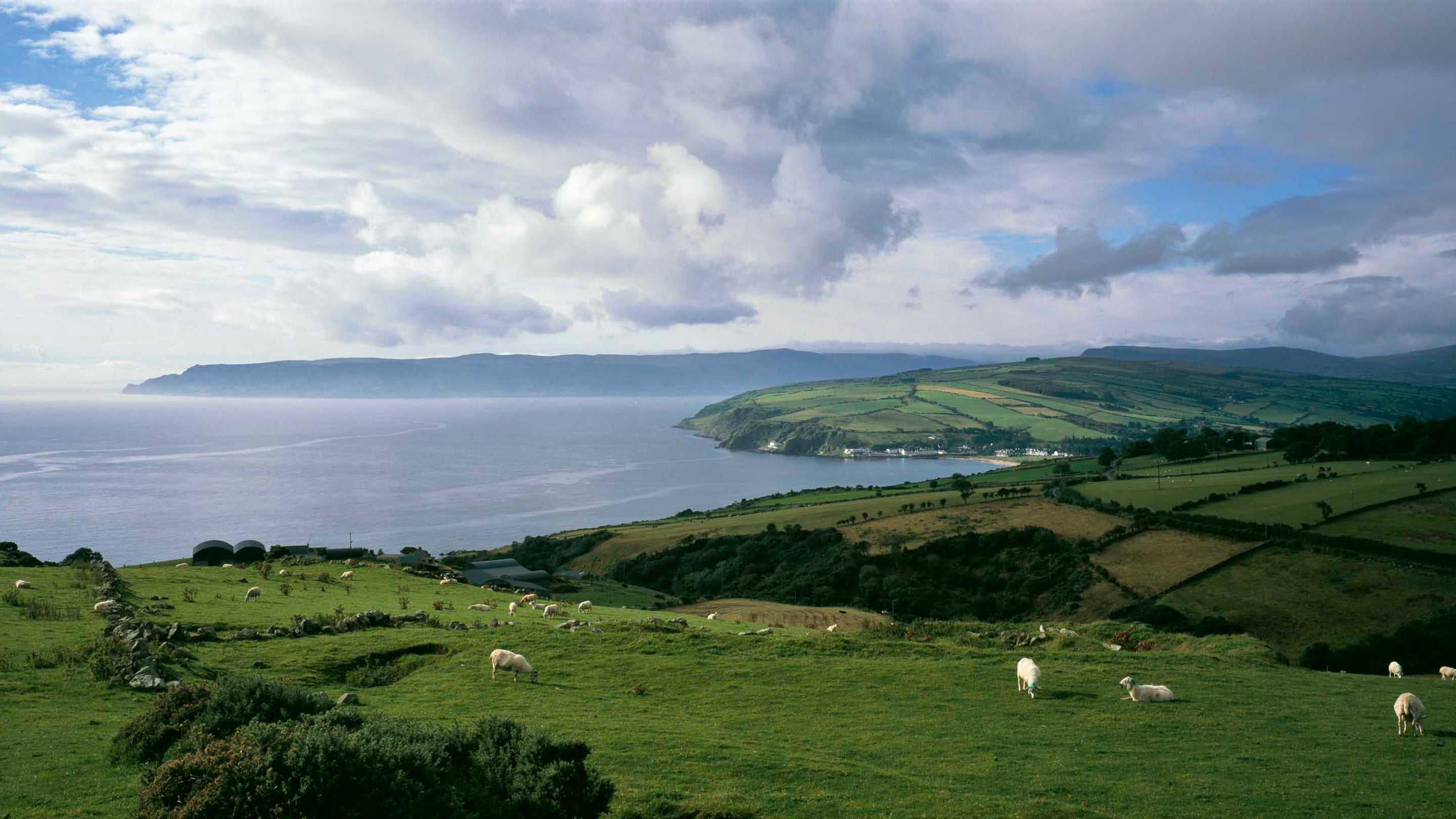 View of the village of Cushendun, Northern Ireland, taken from the hills above overlooking the sea