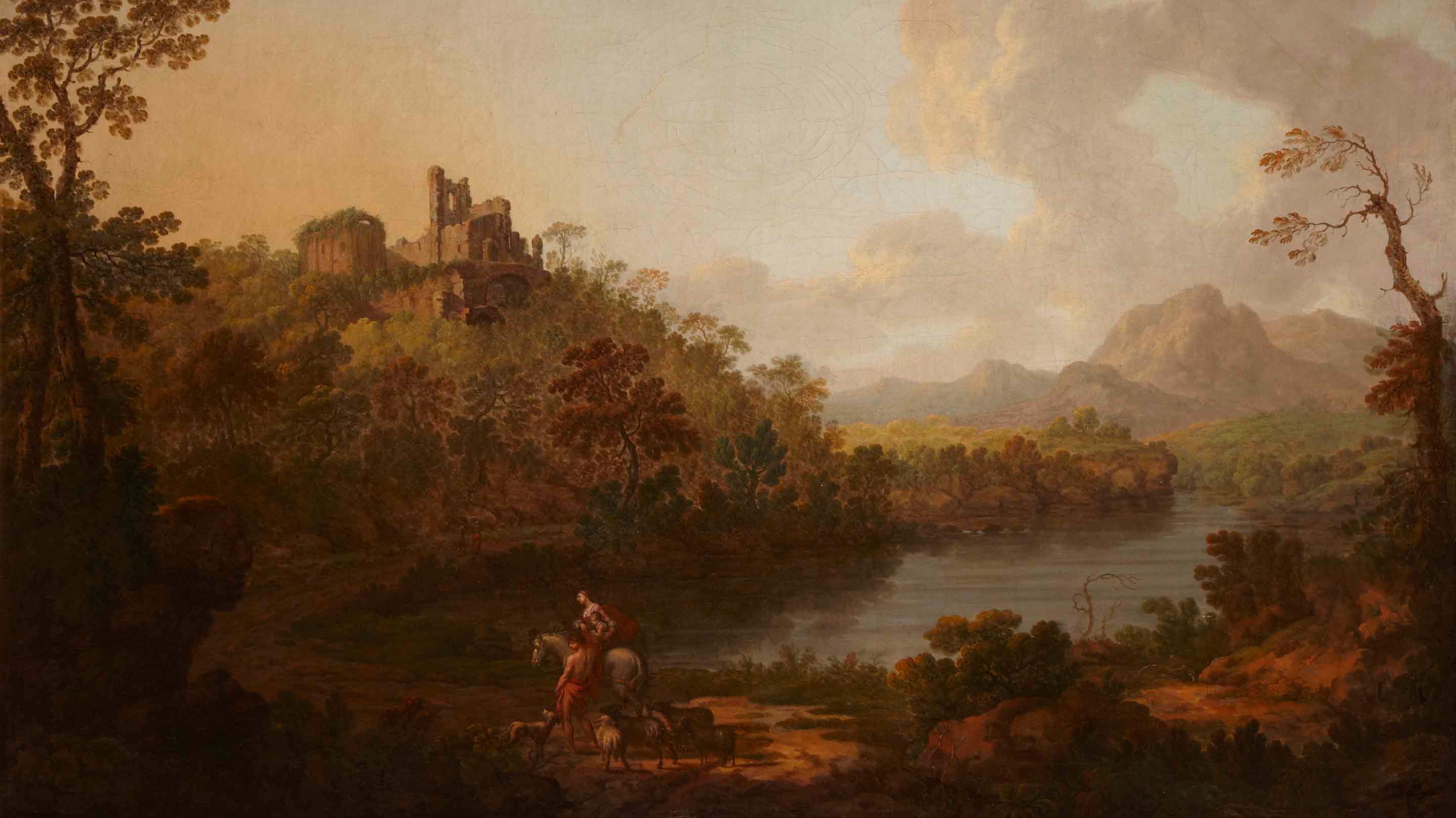 Oil painting of a ruined castle on a hill displayed in the Drawing room at Derrymore, County Armagh
