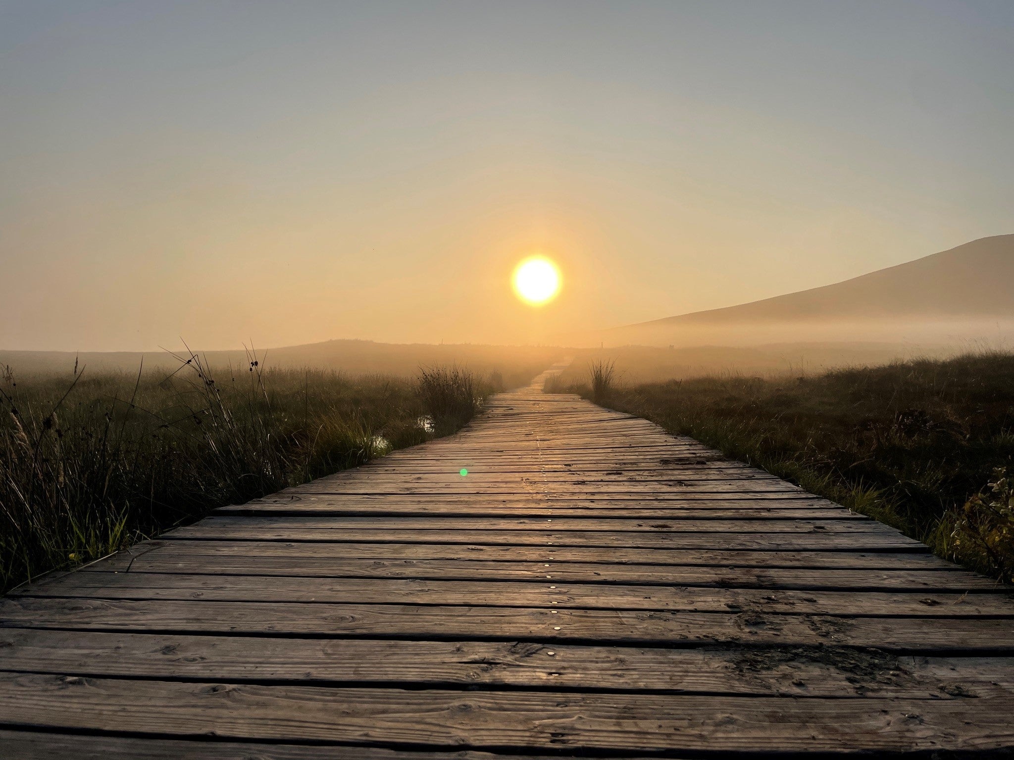 Misty sunset on boardwalk on Divis and the Black Mountain