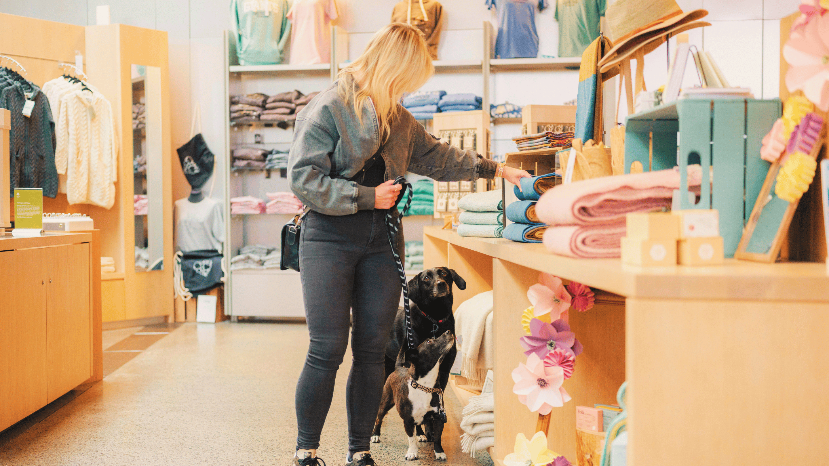 A visitor exploring the wide range of local produce within the Retail area of the Giant's Causeway Visitor Centre, with her black Labrador and black and white Jack Russell dogs