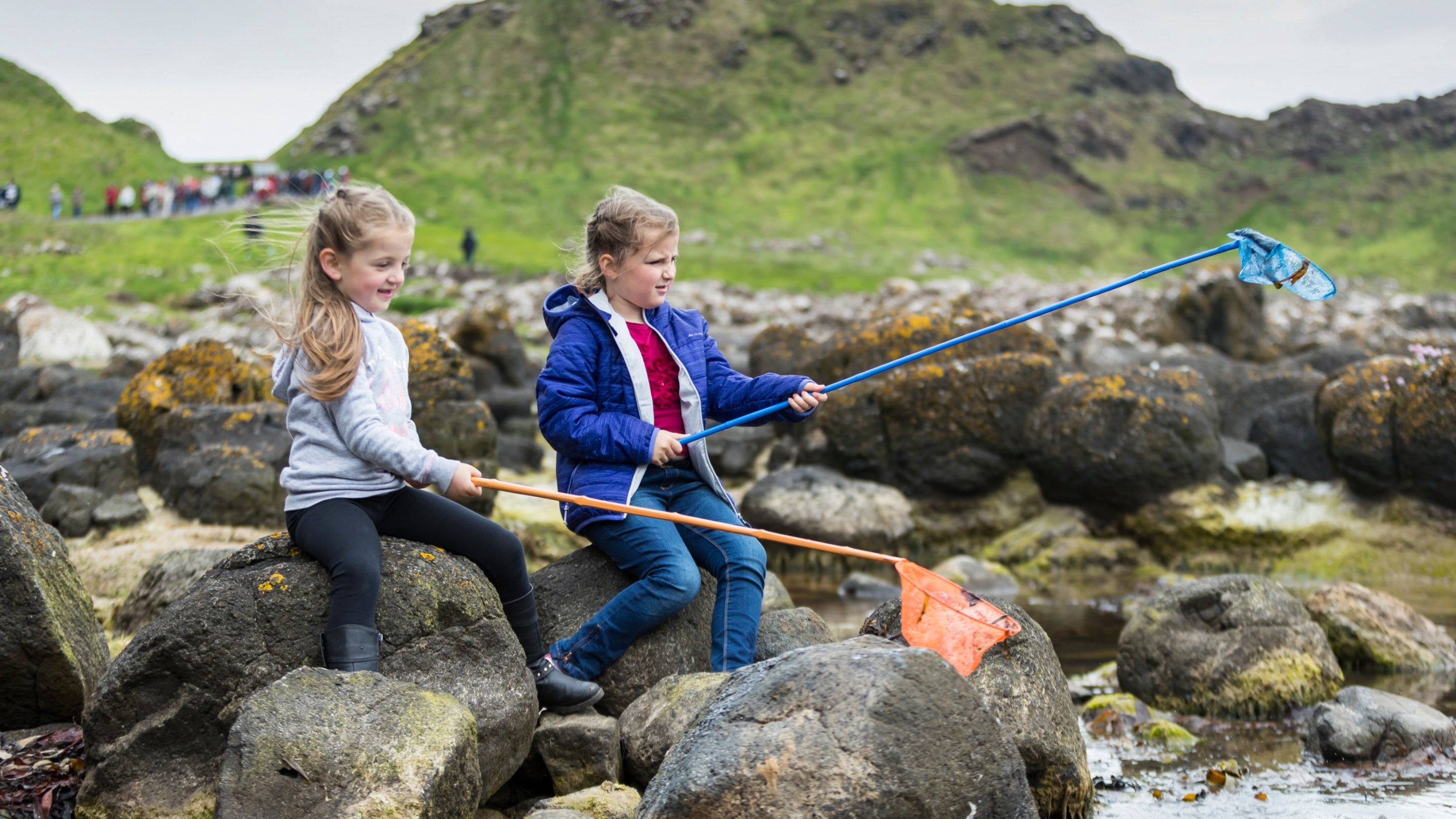 Children sit with nets at the rock pools at Giant's Causeway, County Antrim