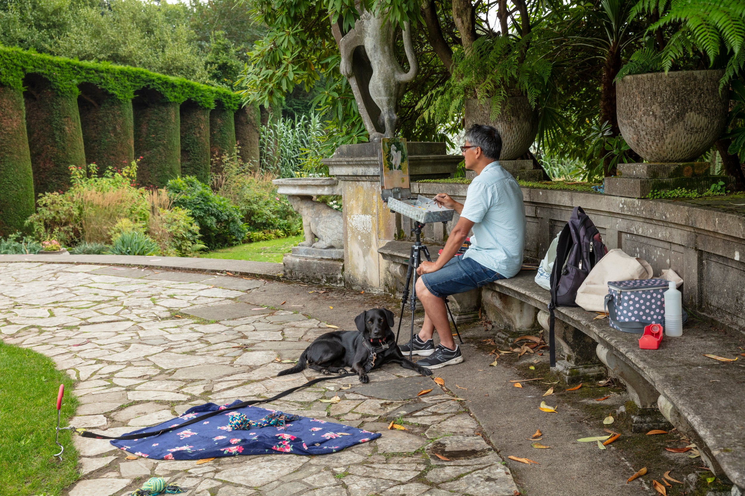 A man sitting on a bench painting in the garden at Mount Stewart, while his dog lies on the ground beside him