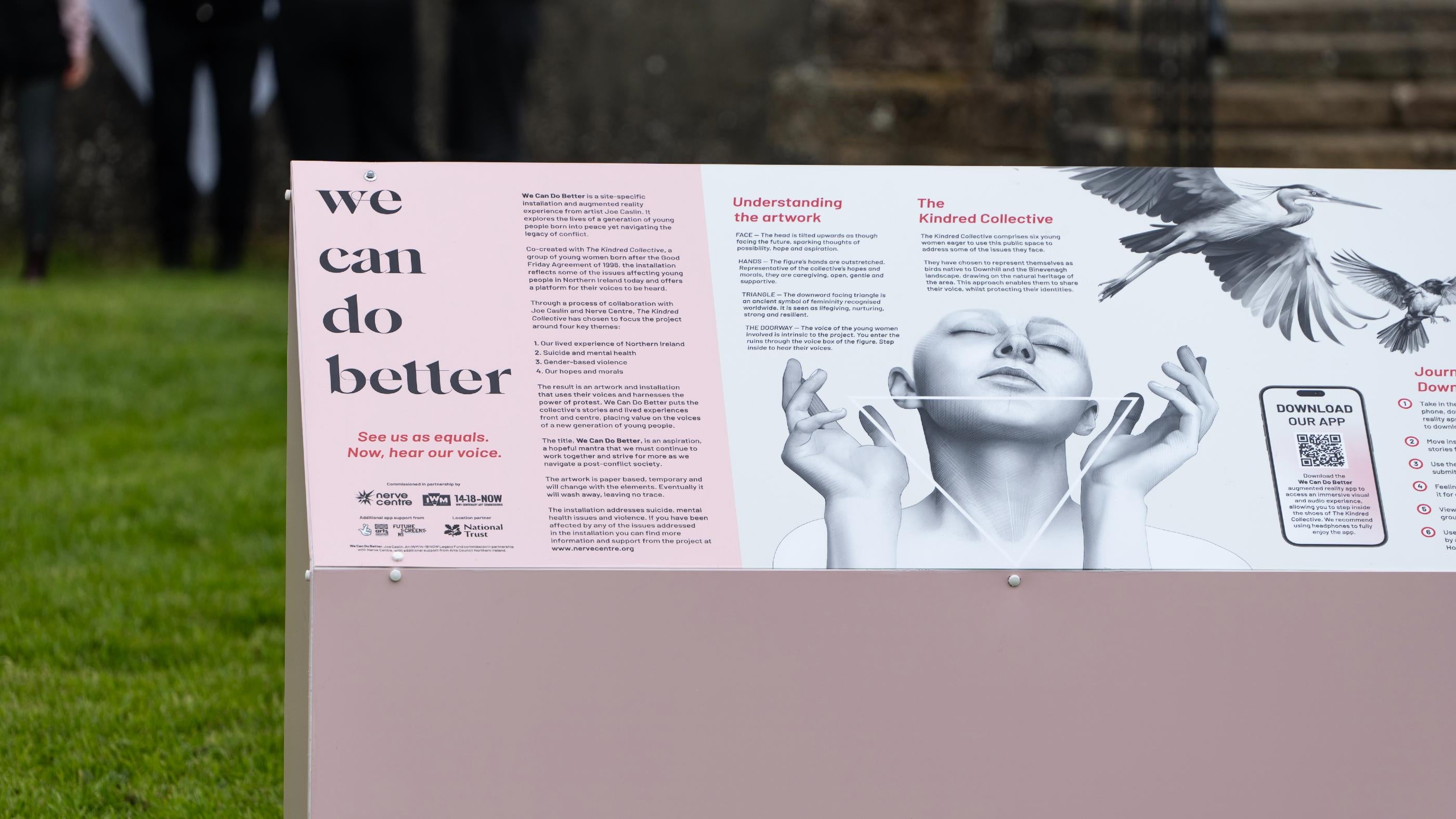 An image of the information board in front of the artwork at Downhill House.