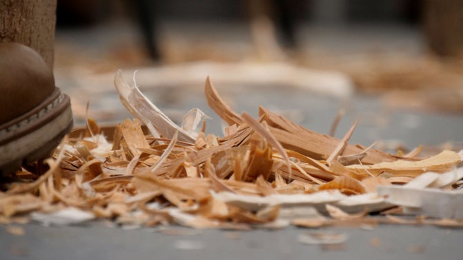 Wood trimmings on the ground at a woodcarving workshop hosted at Hezlett House, Castlerock.