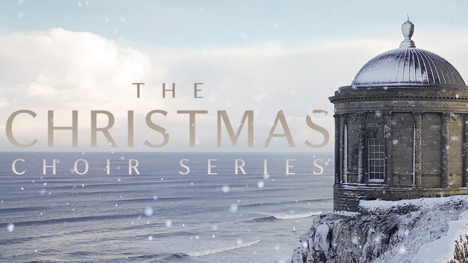 Promotional poster for the Christmas Choir series at Mussenden Temple and Downhill Demesne. Mussenden Temple. Snow is falling over the iconic Mussenden Temple, perched on the cliff edge high above the Atlantic, with pale winter skies and calm seas in the background
