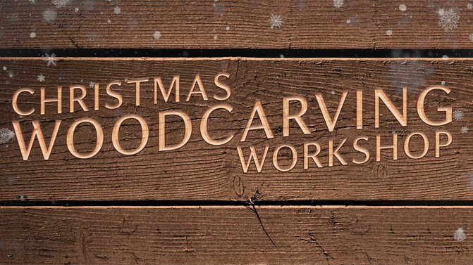 A promotional poster for a Christmas Woodcarving Workshop at Mussenden Temple and Downhill Demesne, with this text placed on top of a wooden-style board.