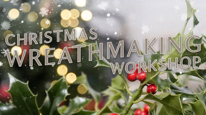 Promotional poster for a Christmas Wreathmaking Workshop at Mussenden Temple and Downhill Demesne, with this text on top of a holly branch and snowflakes falling.