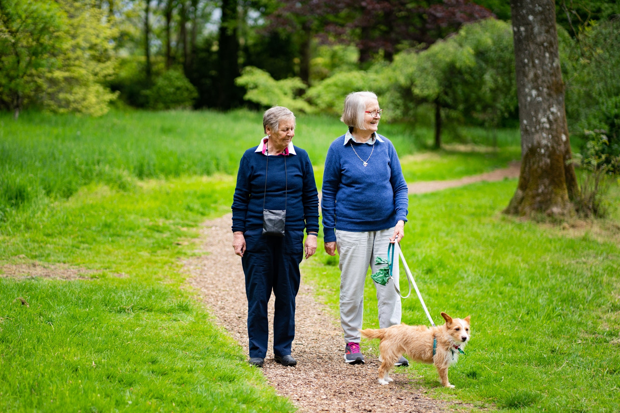 Two older women walk through Rowallane Garden with a dog on a lead