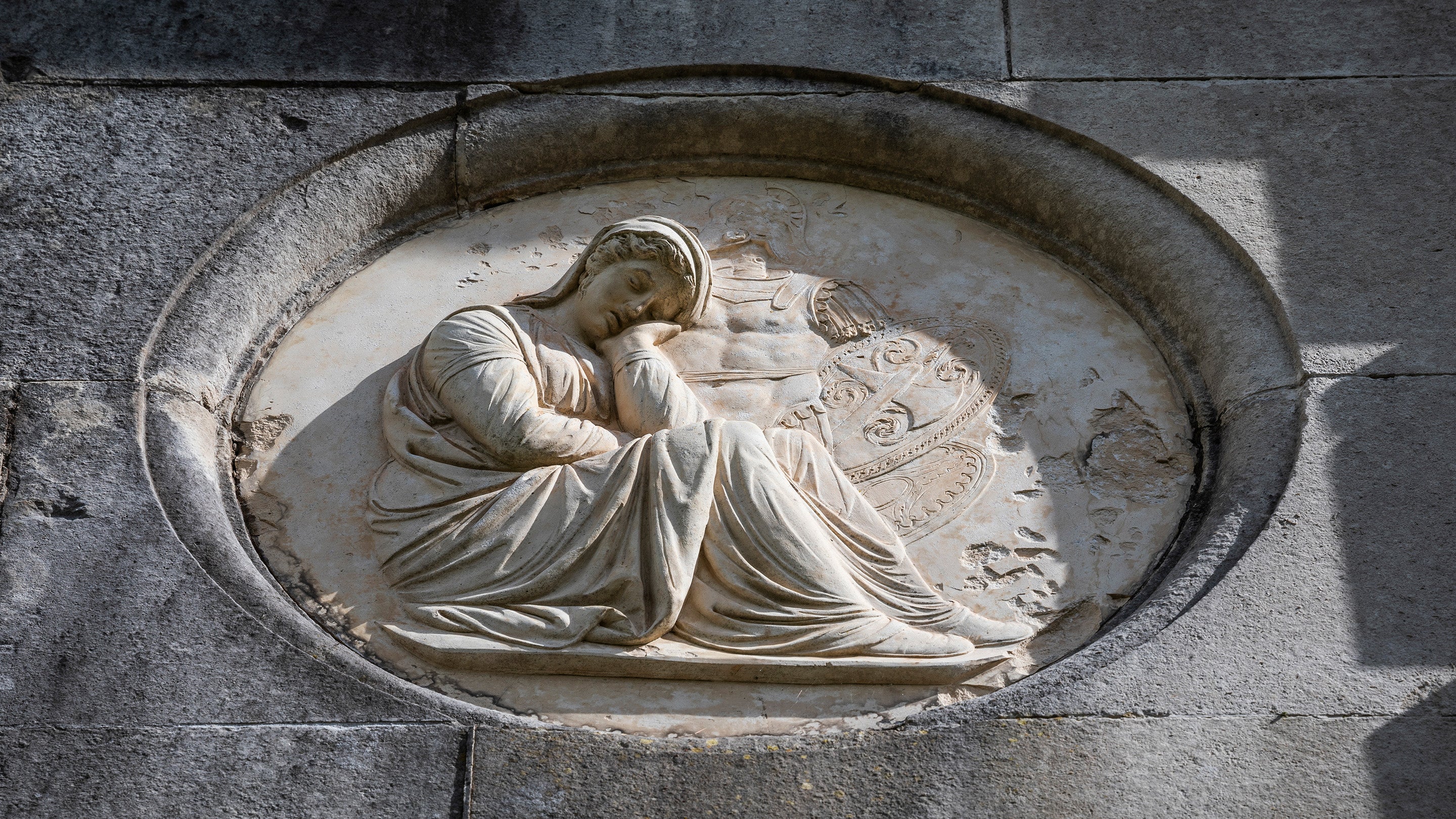 Coade stone medallion on the exterior of Templetown Mausoleum, County Antrim