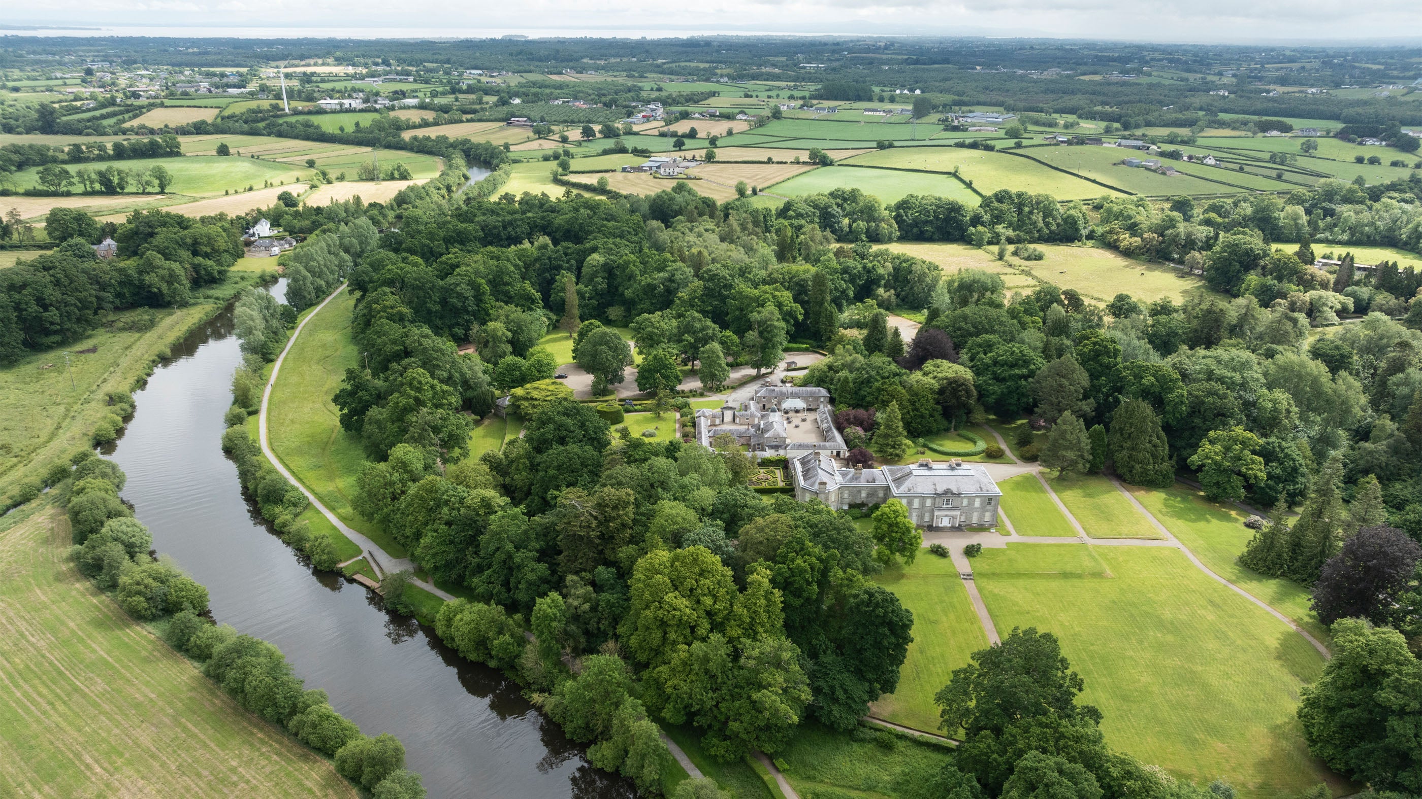 Aerial view of The Argory, house, garden and estate, County Armagh, Northern Ireland.