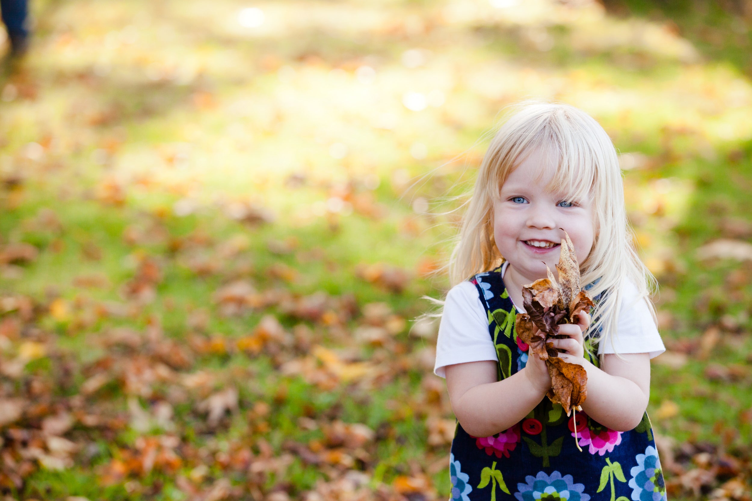 A young child playing in the autumn leaves