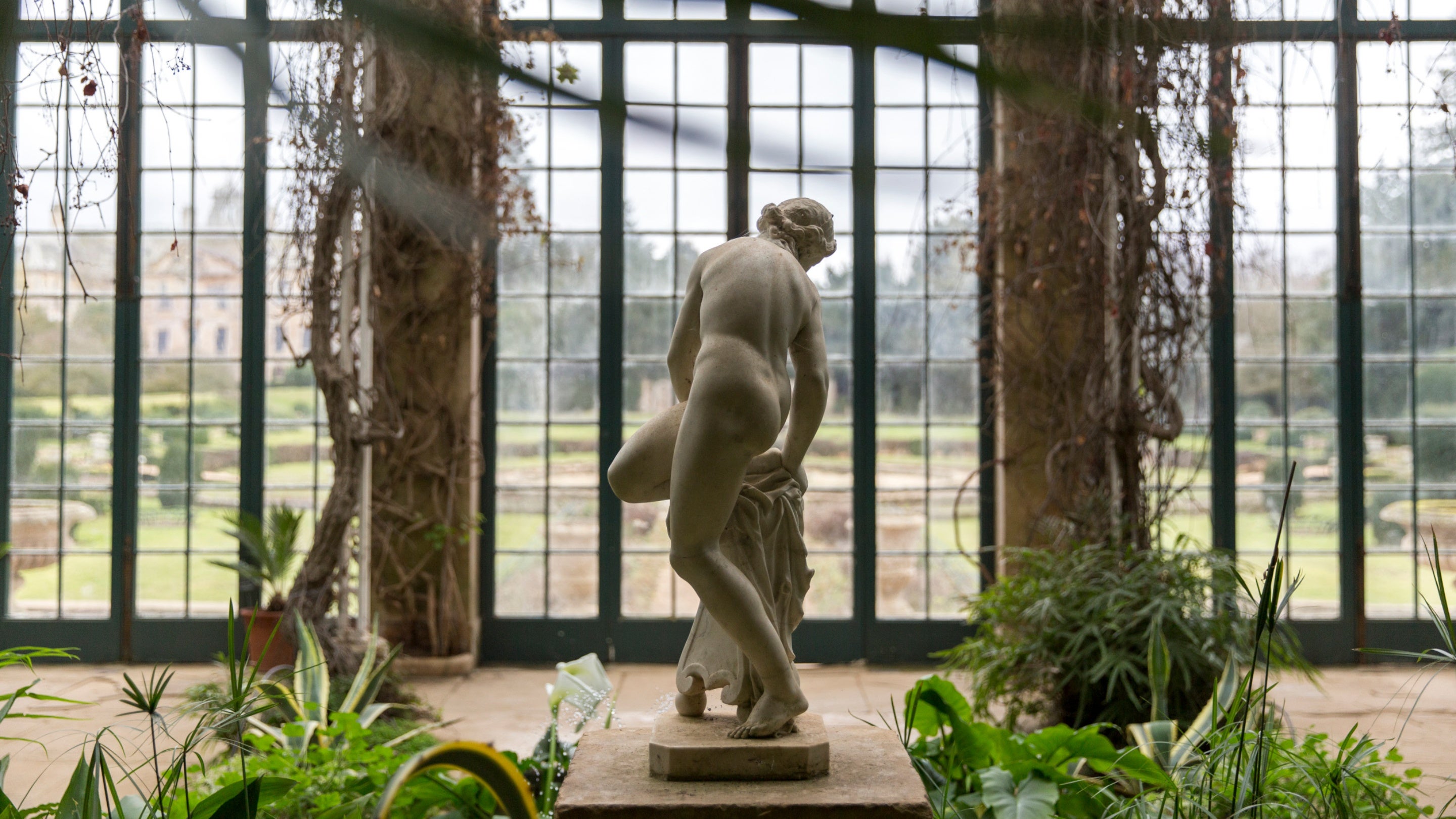 View from inside an Conservatory glasshouse, showing plants and a statue