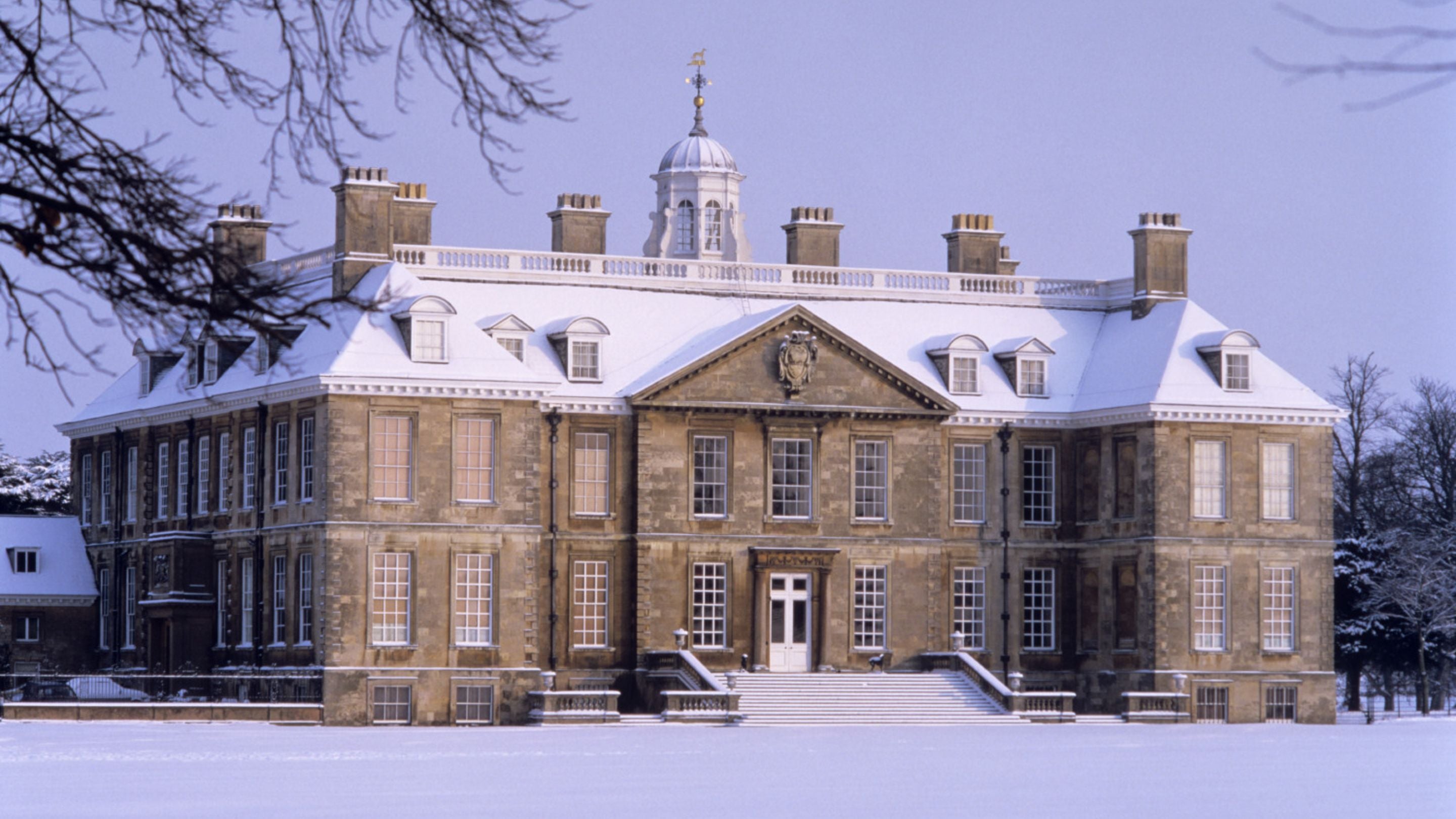View of the south front of Belton House, Lincolnshire in the January snow.