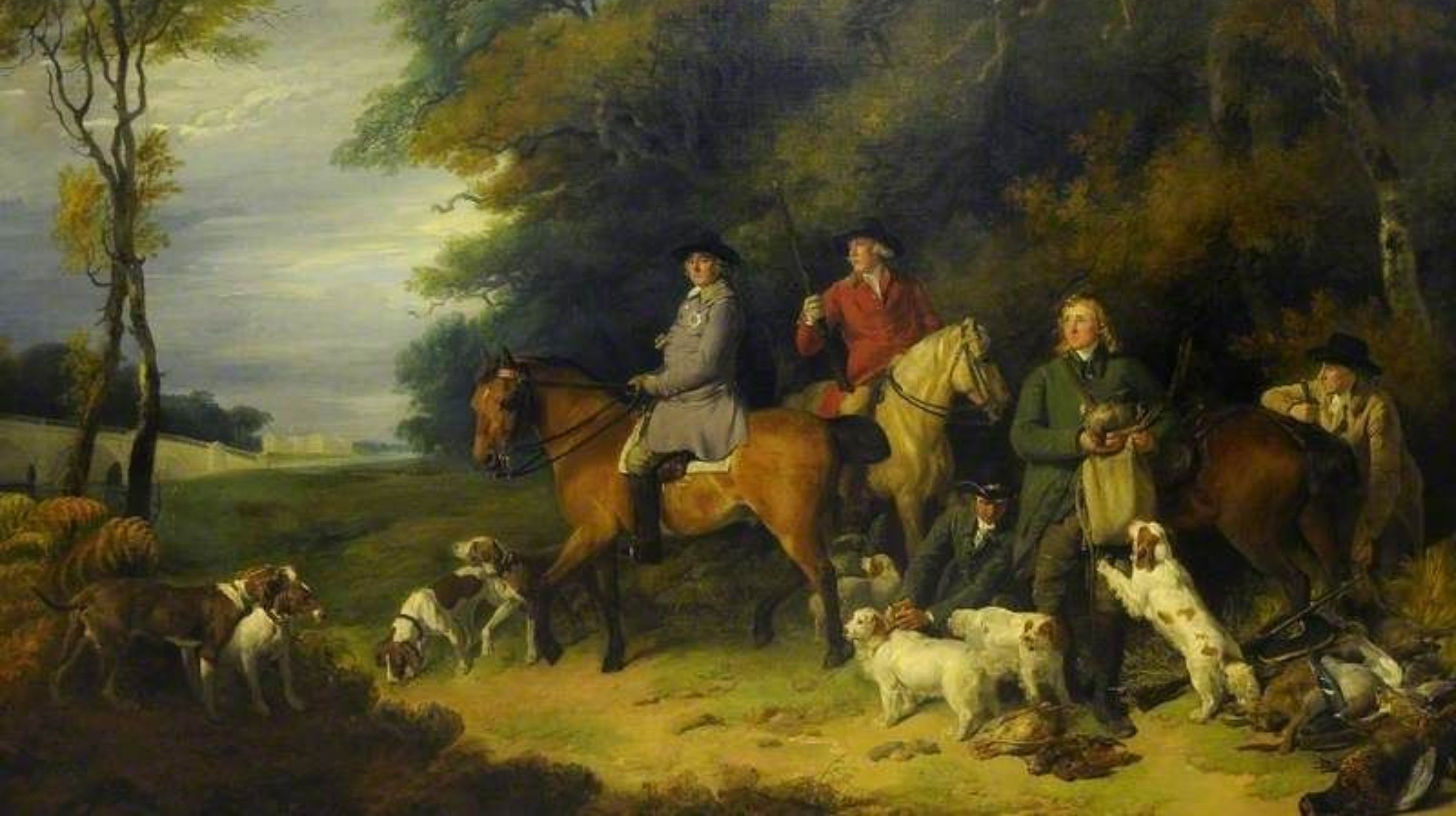 Return from the Shoot painting showing men on horseback with Clumber Spaniel dogs
