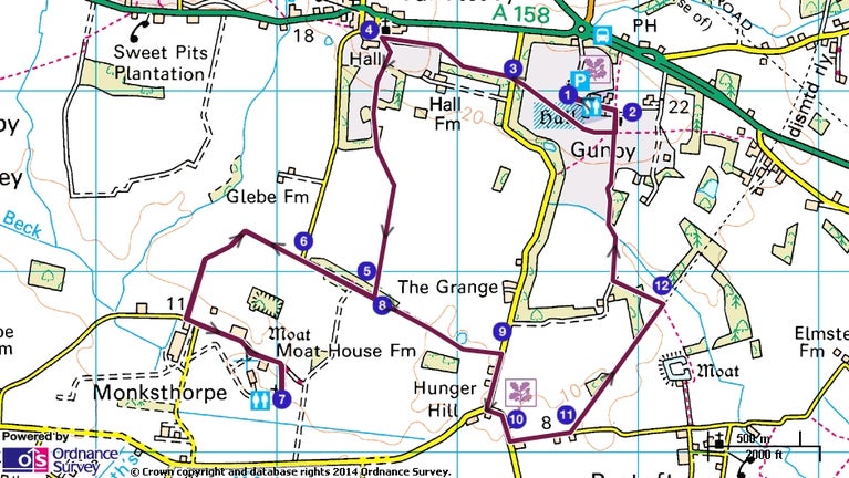 Map route for Gunby Monksthorpe Chapel walk
