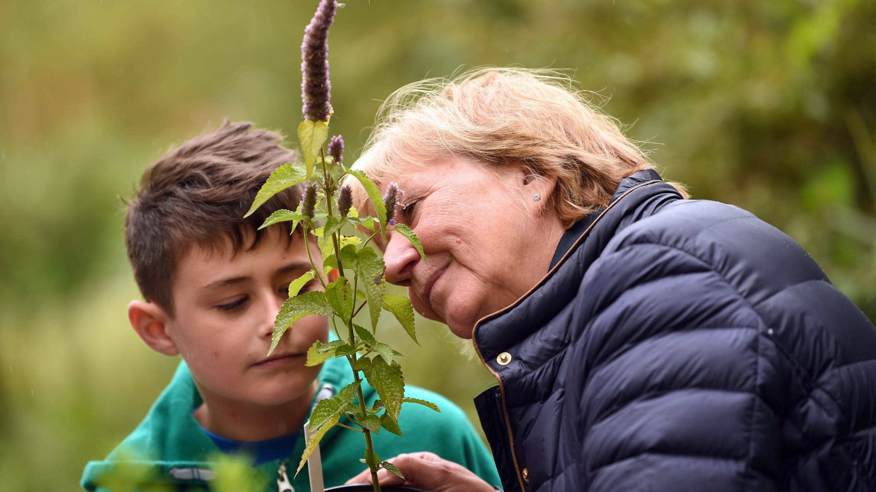 Woman and boy in the garden at Gunby Hall, Lincolnshire