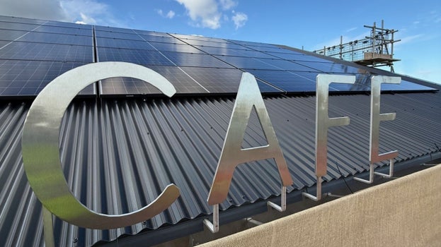 Close-up of solar panels installed on the roof of the new café building at Sandilands Nature Reserve.