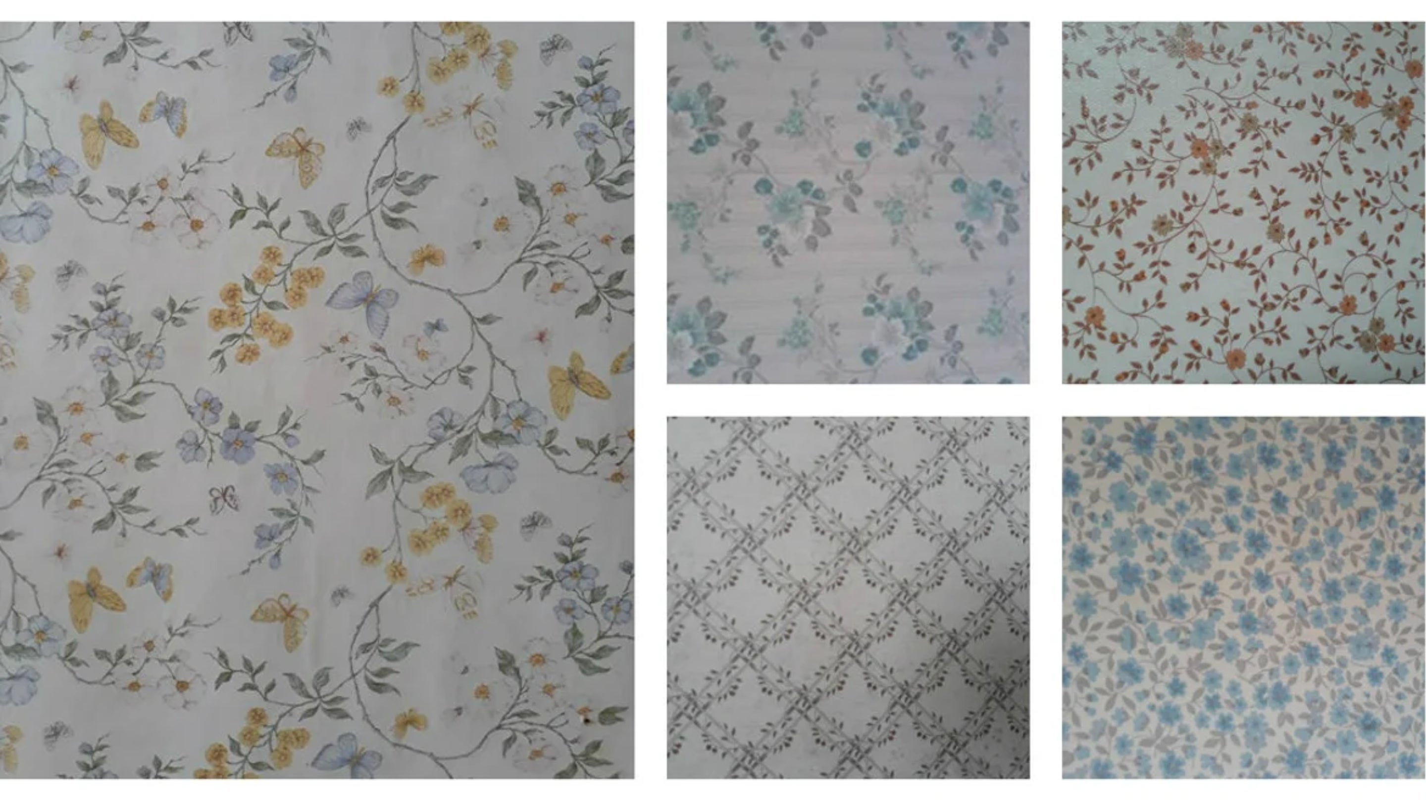 A collage of historic wallpaper pieces found at The Workhouse and Infirmary, Southwell, Nottinghamshire