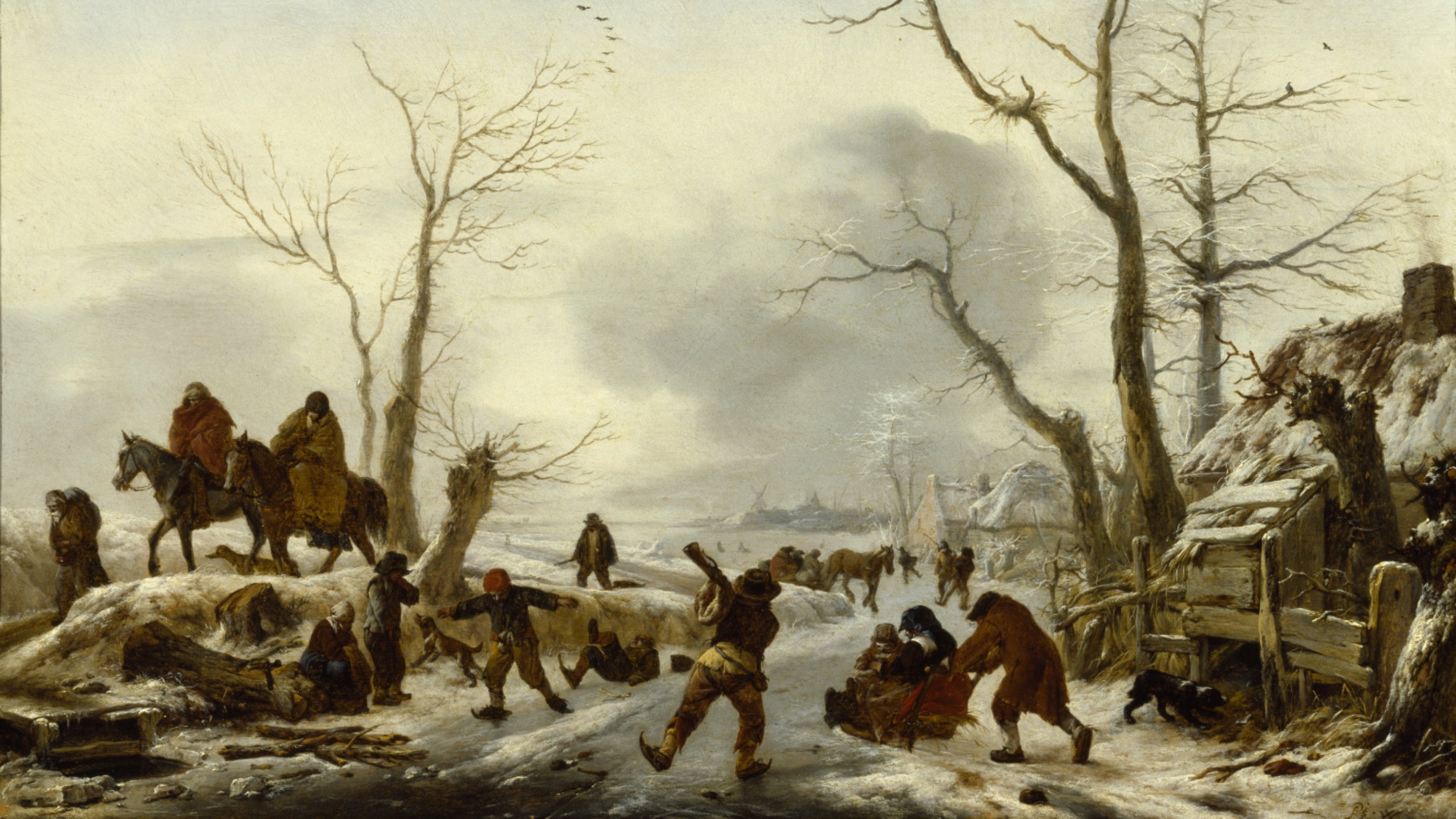A painting called A Winter Landscape by Philips Wouwerman in the collection at Ascott, depicting people on a snowy road; someone is pushed in a sledge, another is skating, while one person has fallen over. To the left there are two people riding horses, and on the right is a house with a snow-covered roof.