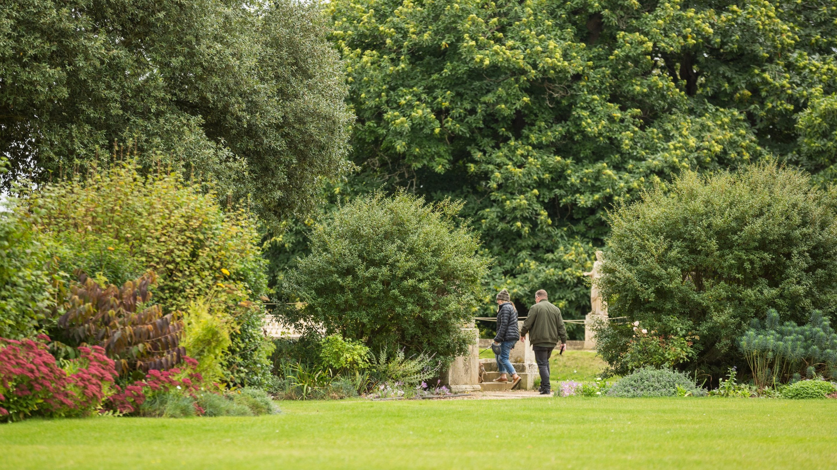 Visitors walking in the grounds in autumn at Basildon Park, Berkshire, climbing stone steps beside large shrubs showing autumn colour, as are the trees