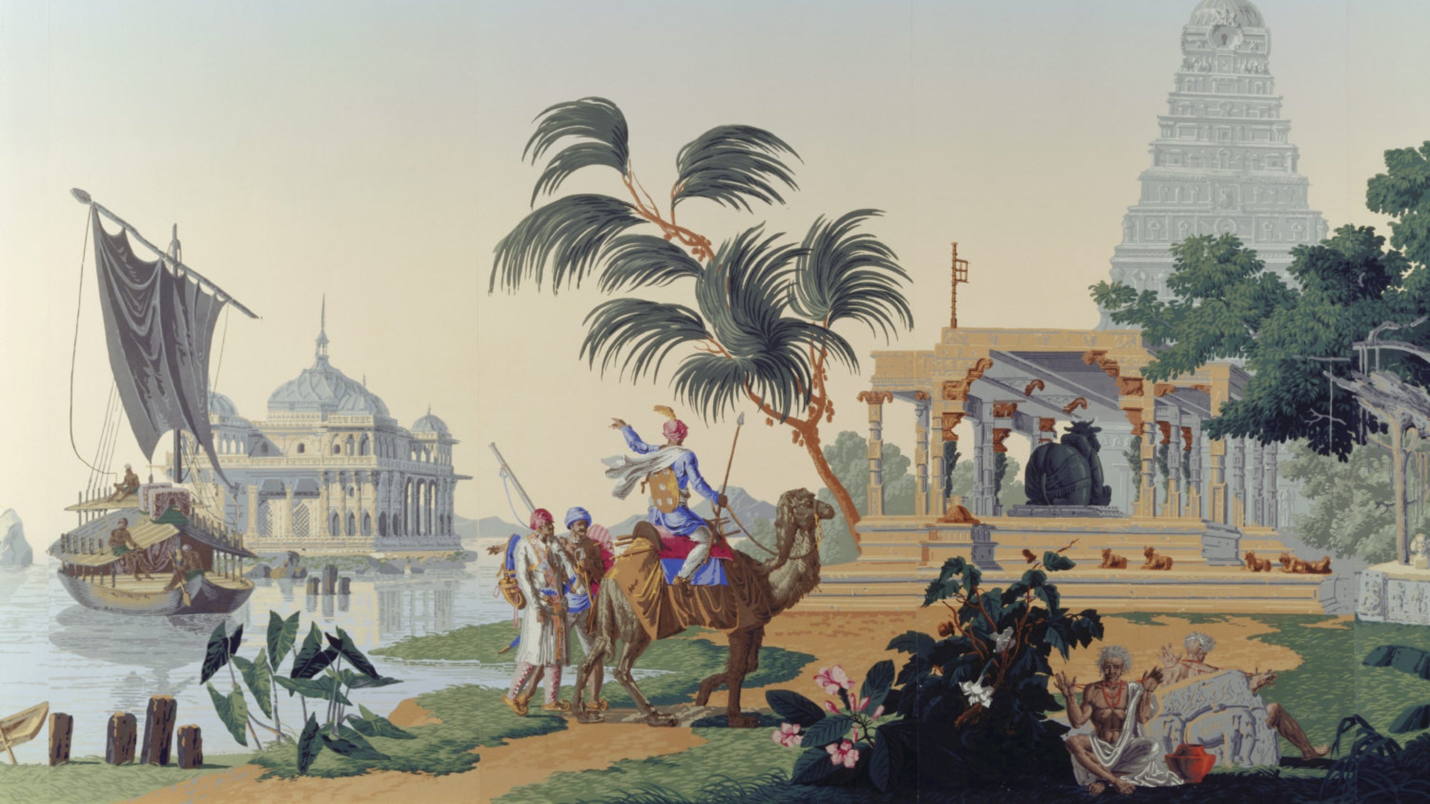 Detail of Zuber L'Hindoustan wallpaper in The Garden Room at Basildon Park. It was designed in 1807 by Pierre Mongin and was chosen because of the early association of Basildon with India.