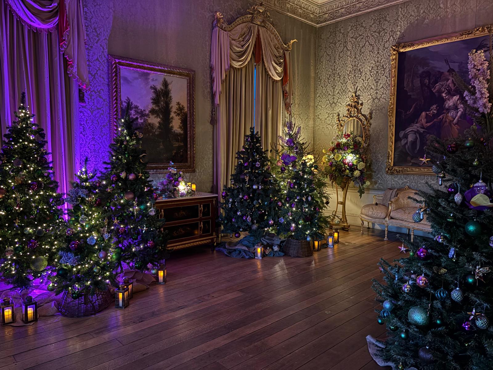 A room with green wallpaper decorated for Christmas. The room is filled with Christmas trees with lights, purple and green baubles and giant flowers. Lanterns light the way on the floor.