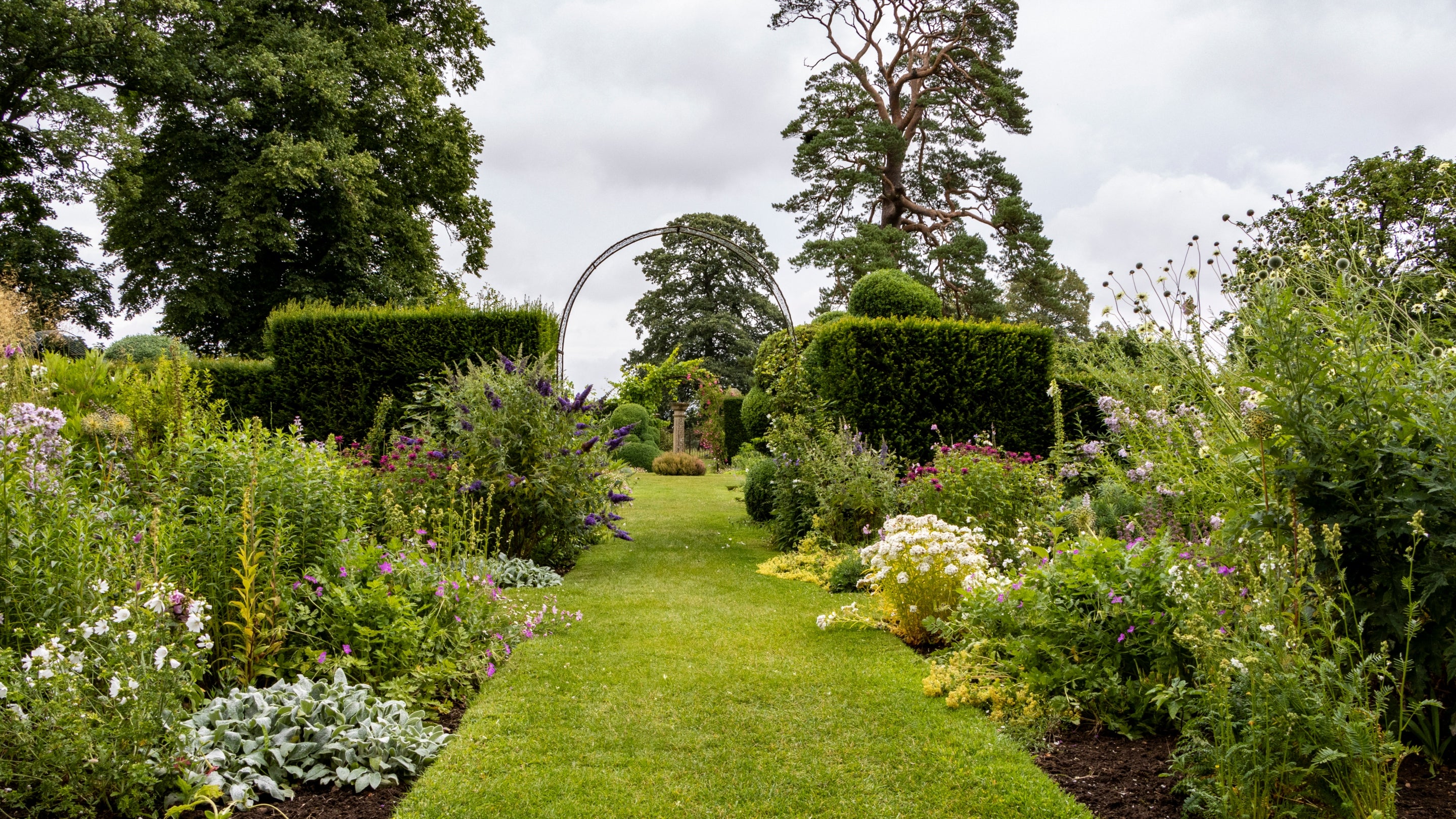 Summer plants blooming around an entrance through the topiary in the Best Garden at Chastleton