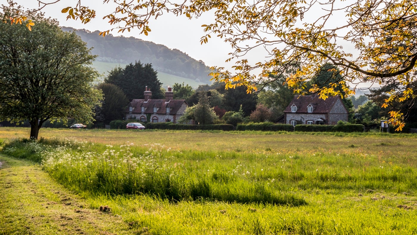 View of Bradenham village on a sunny day in the Chilterns countryside, Buckinghamshire