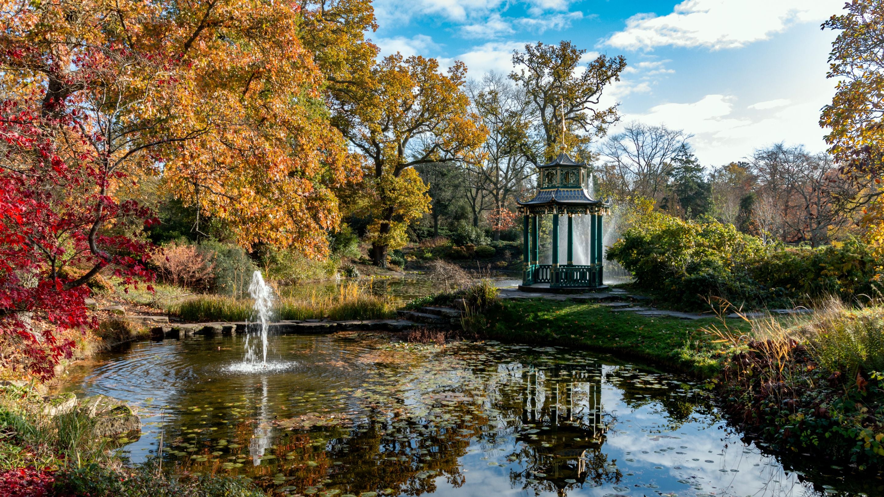 View of a water garden with autumnal trees, lake, and an ornate roofed seating area