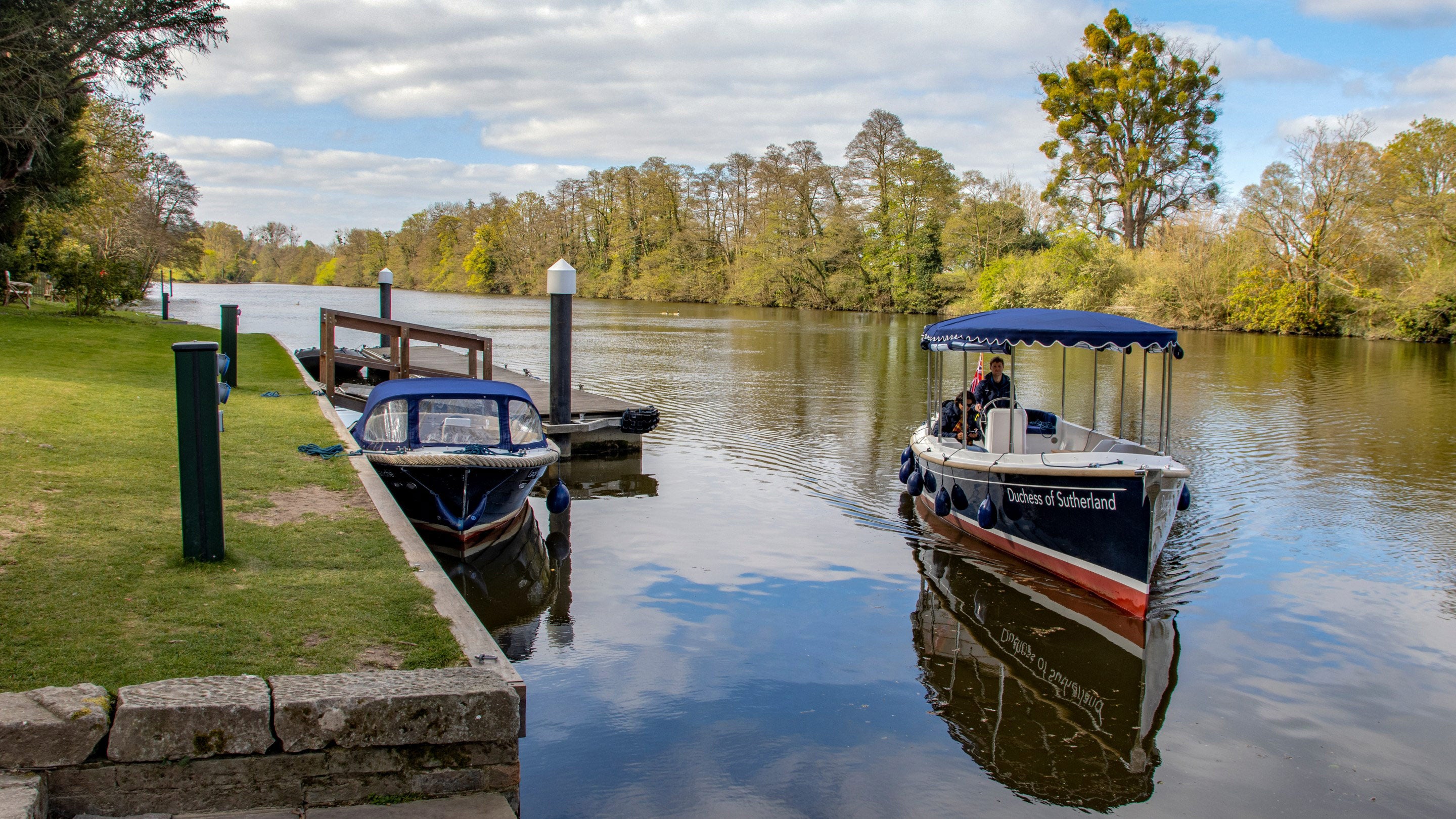 Duchess of Sutherland boat on the River Thames at Cliveden in spring