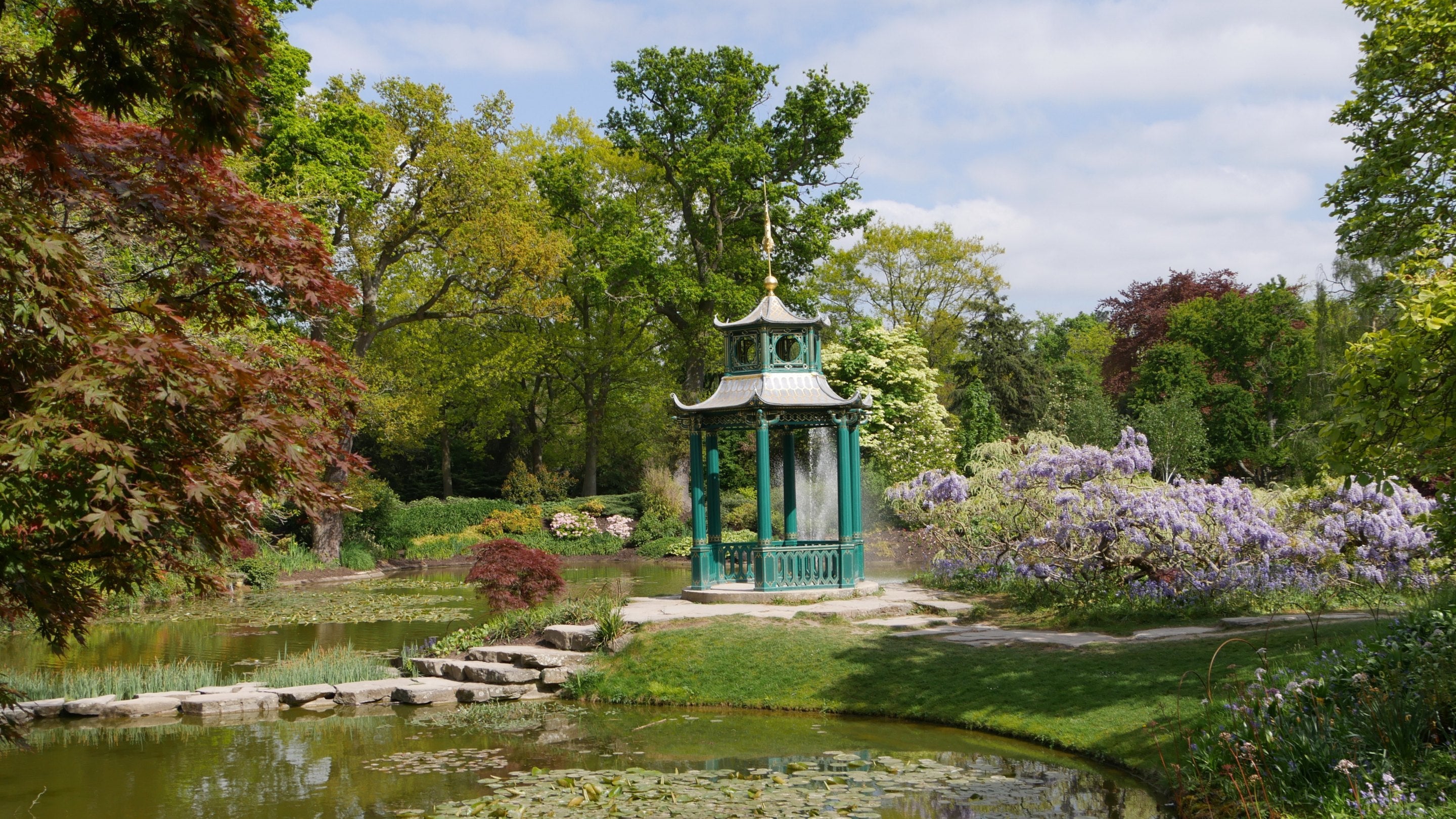 A scence across a pond covered with water lilies to a green painted pagoda surrounded by trees and flowering shrubs