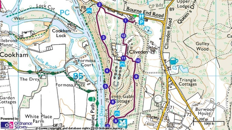 Ordnance Survey map of the views walking route at Cliveden, Buckinghamshire
