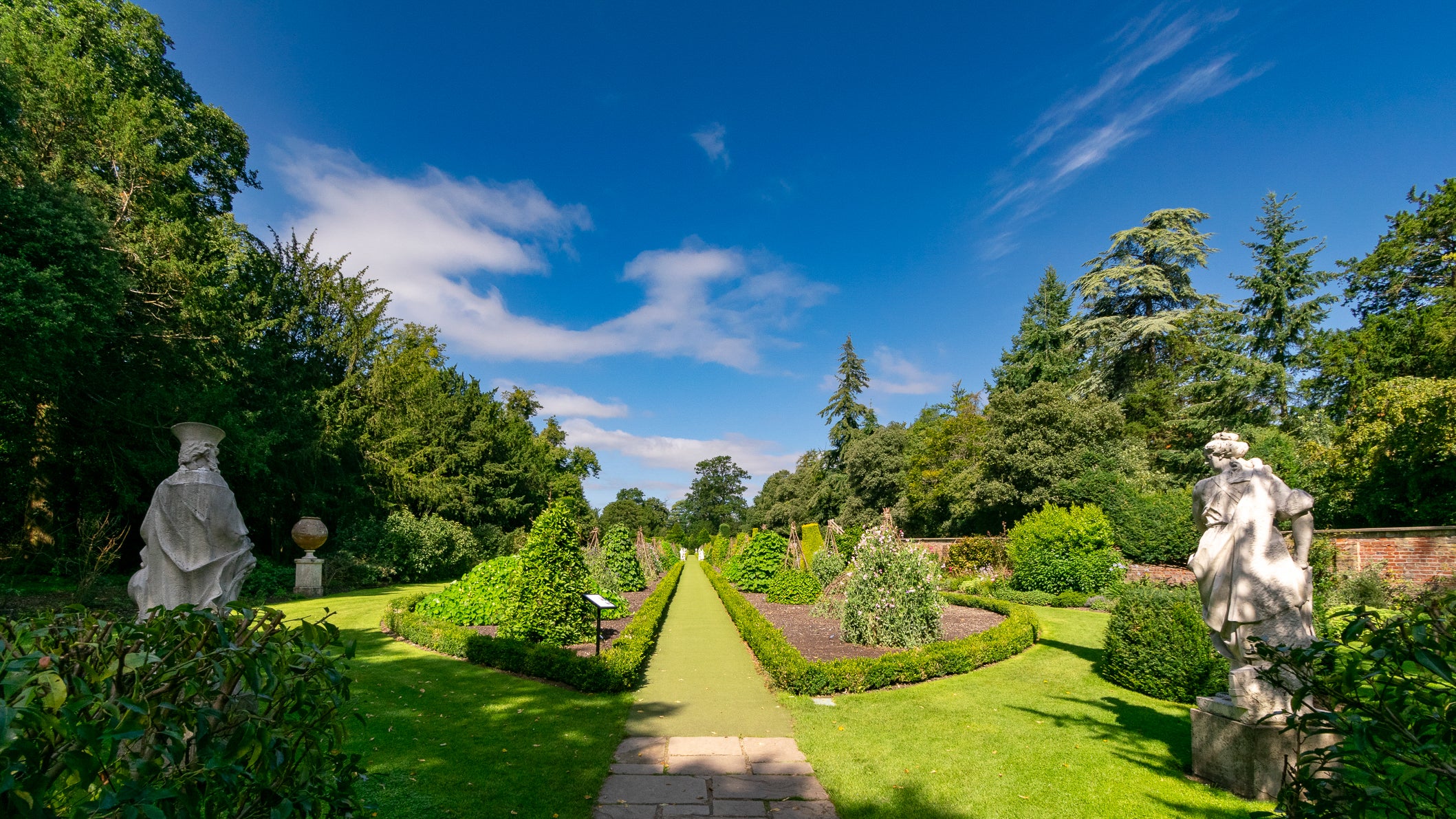 View from the top of the Long Garden, showing vegetables growing in the Long Garden in Summer at Cliveden, Buckinghamshire