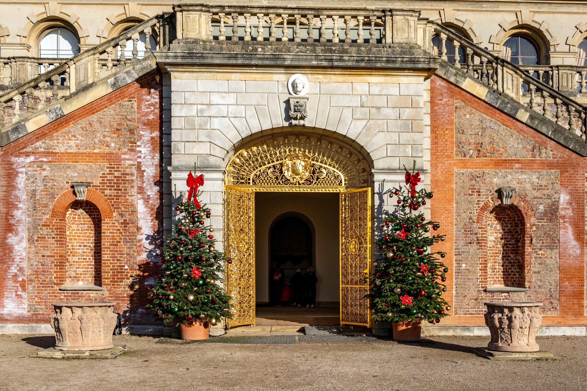 Decorated Christmas trees outside the Sounding Chamber at Cliveden, Buckinghamshire