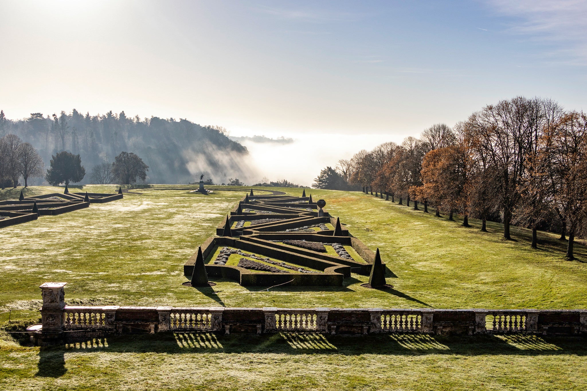 The parterre in winter mist at Cliveden, Buckinghamshire