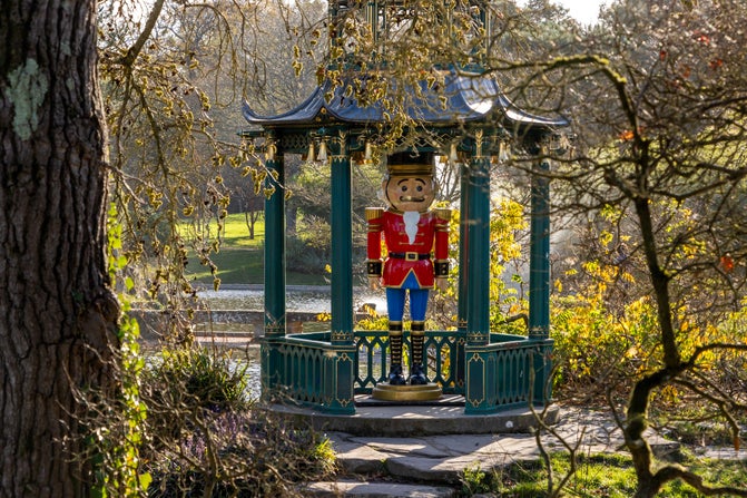 A giant nutcracker in the pagoda in the Water Garden
