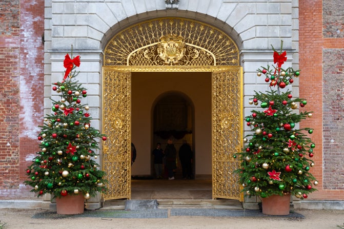 Decorated Christmas tress outside the Sounding Chamber