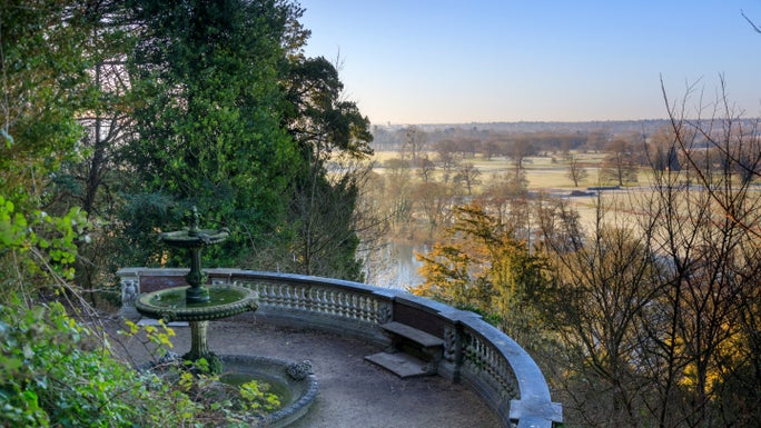 A winter view of the countryside below from the Tortoise Fountain at Cliveden, Buckinghamshire