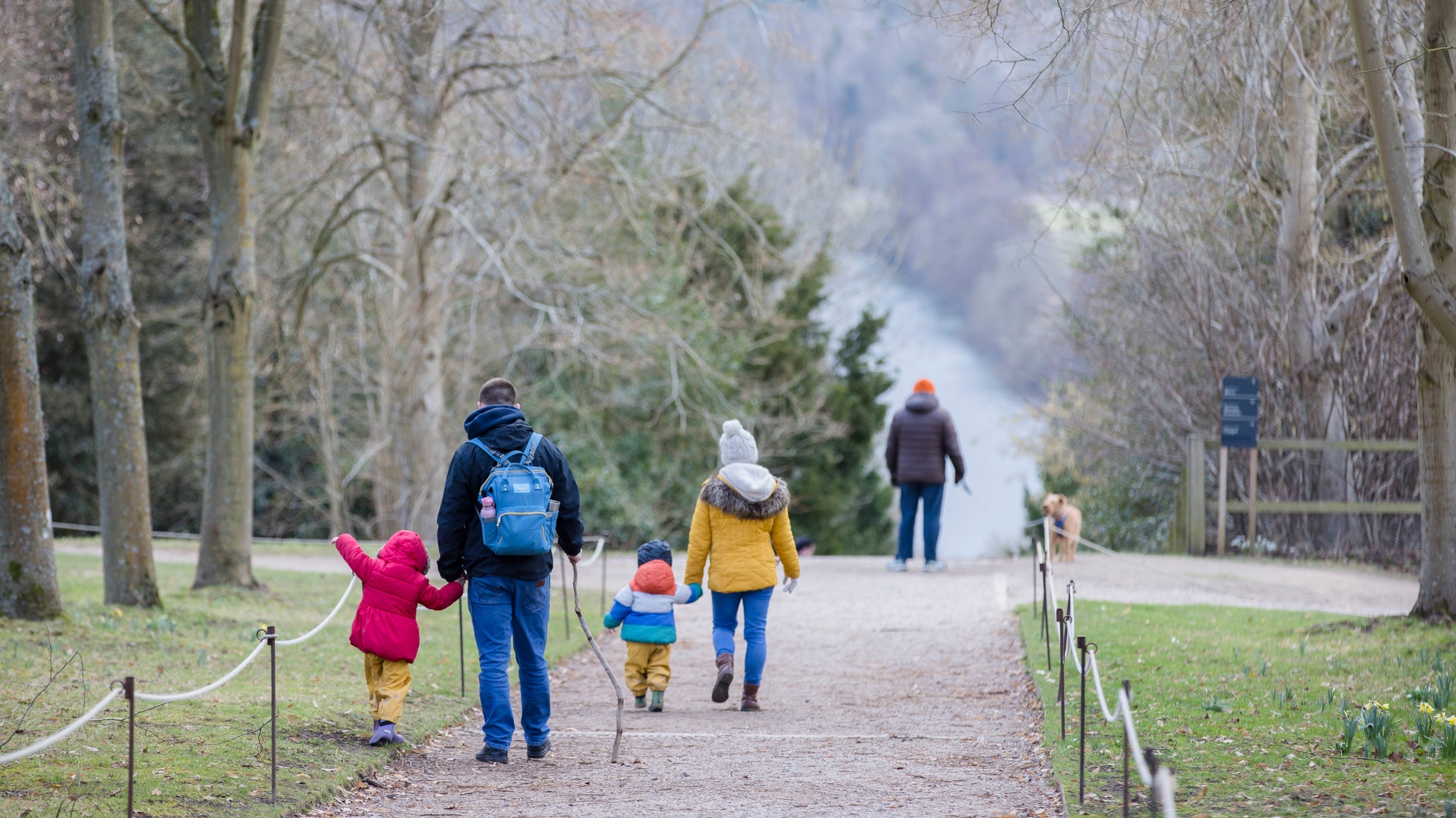 A family dressed for winter walk away from the camera down a sloping trackway flanked by trees in parkland