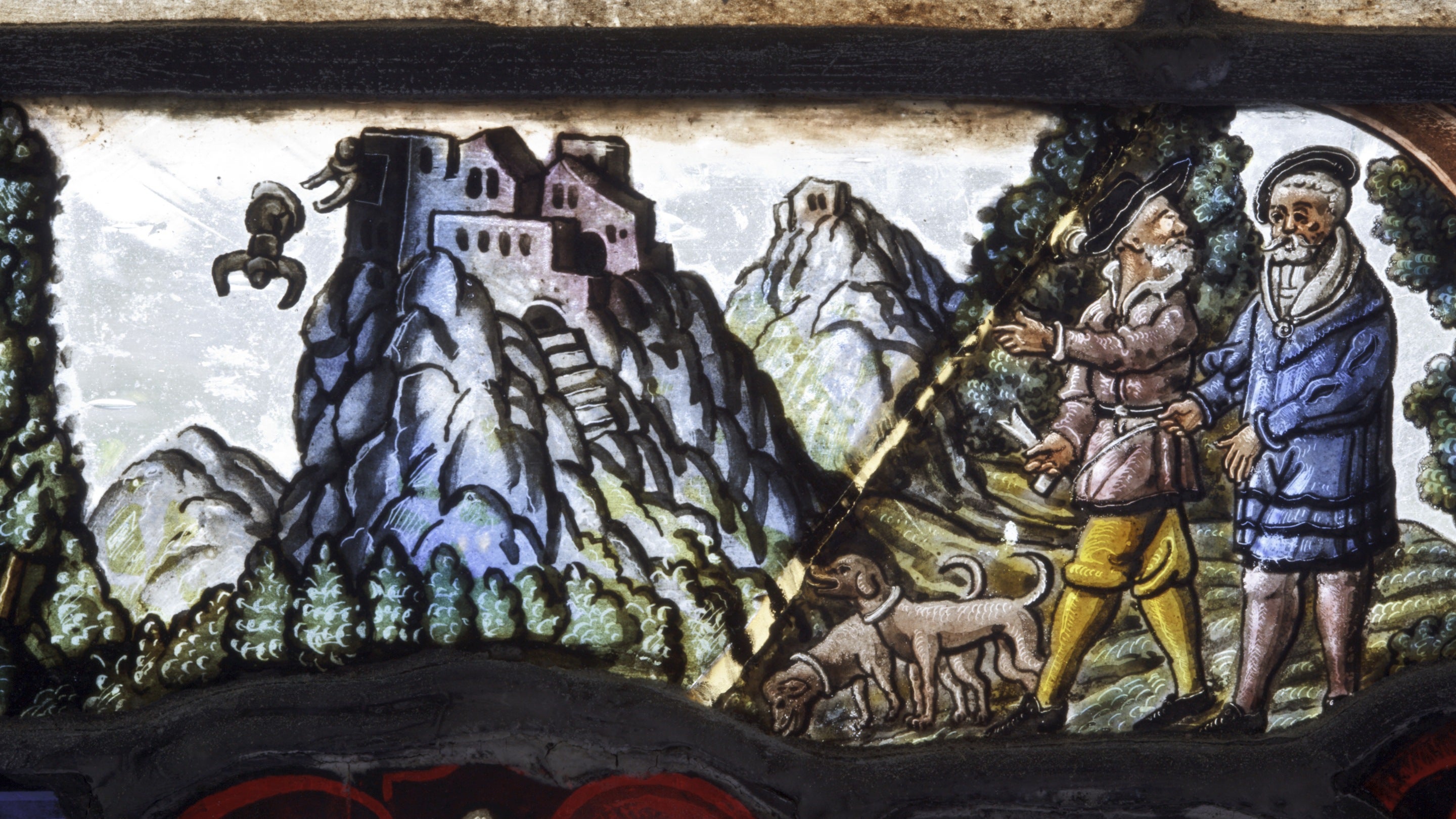 Close view of the upper part of one of five panels of sixteenth and seventeenth century Swiss stained glass on the Landing at Greys Court, Oxfordshire