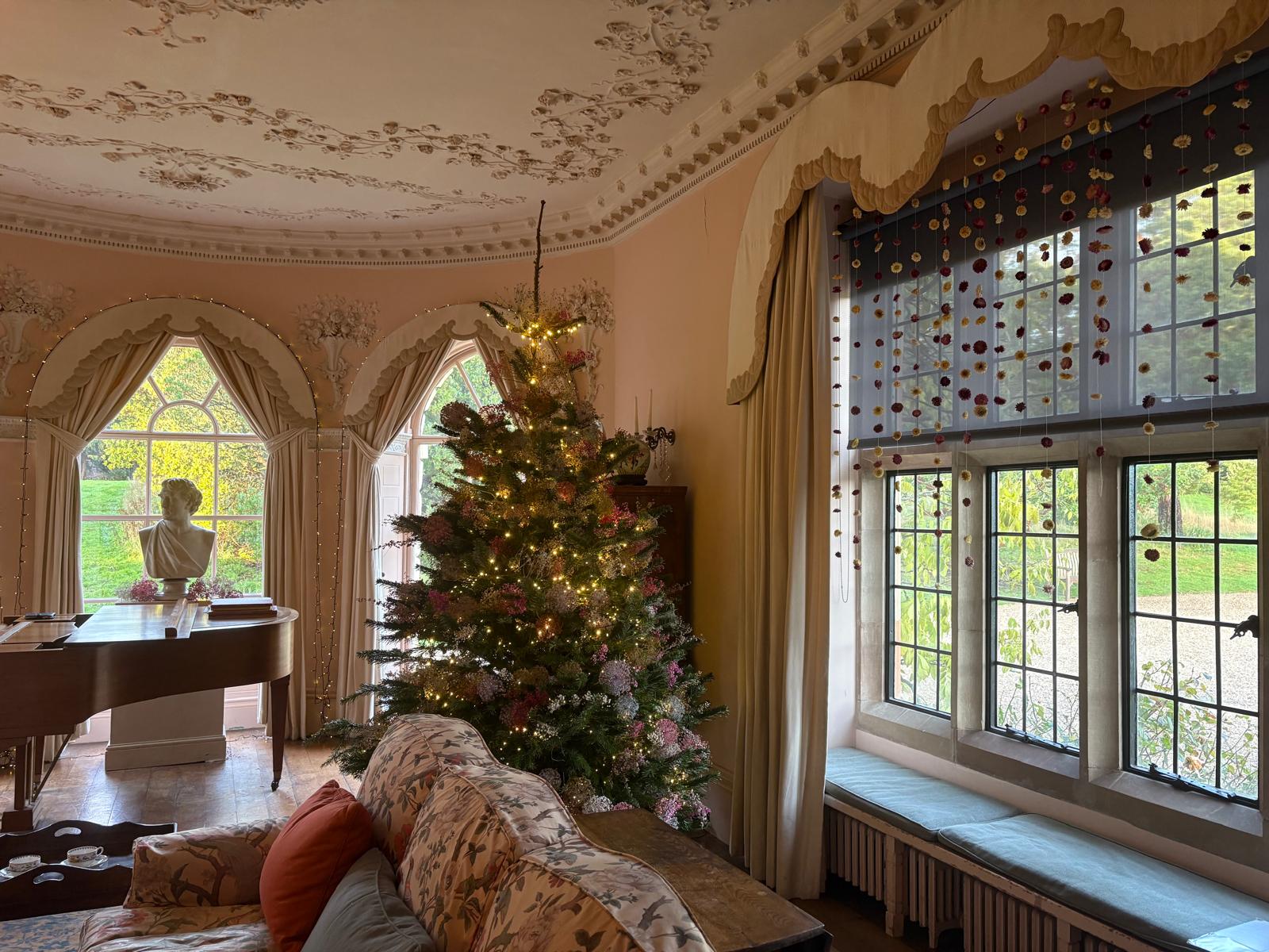 A floral pink drawing room with an elaborate plasterwork ceiling. In the centre is a Christmas tree decorated with coloured dried flowers.