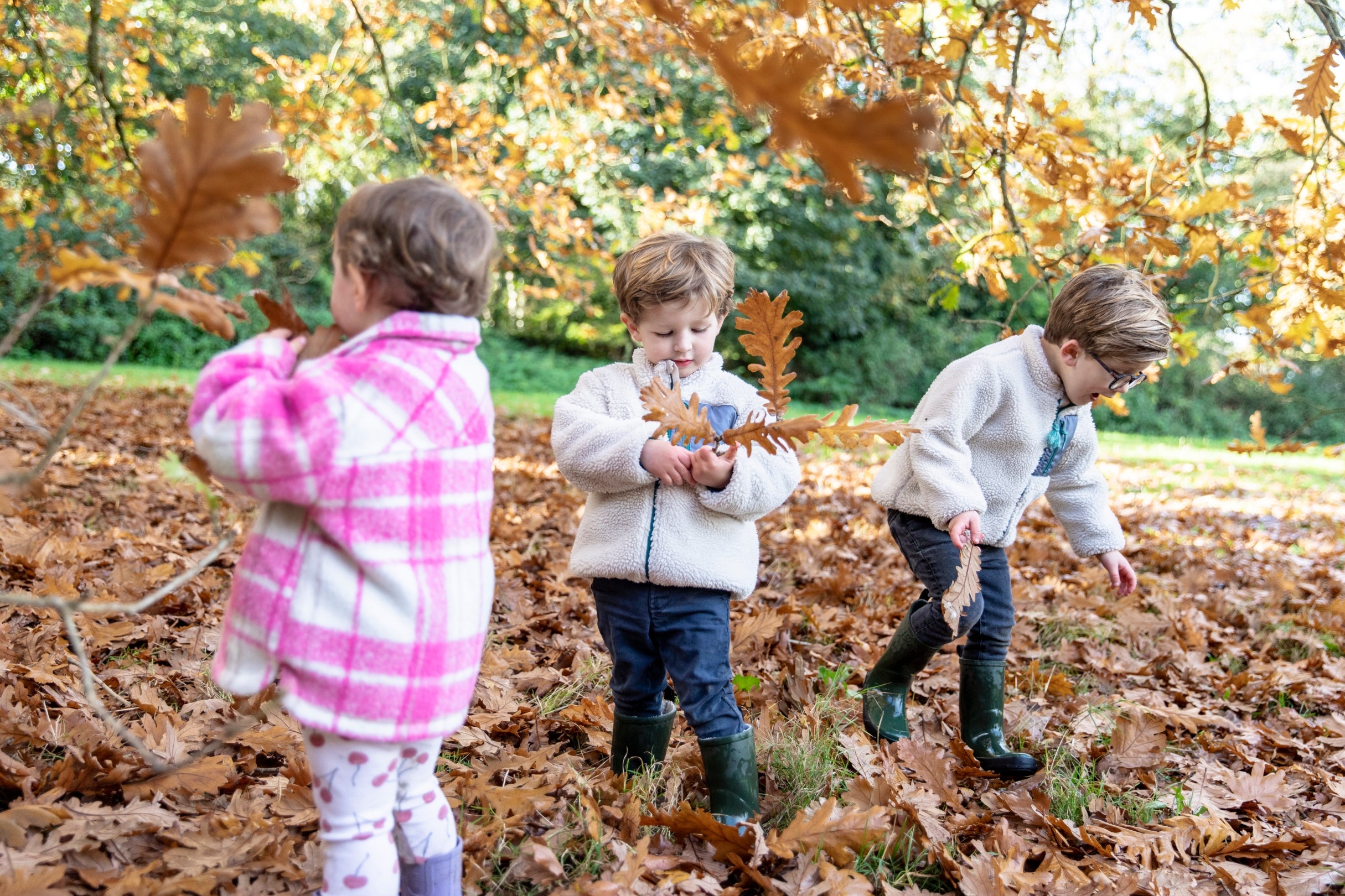 3 children playing in the oak leaves